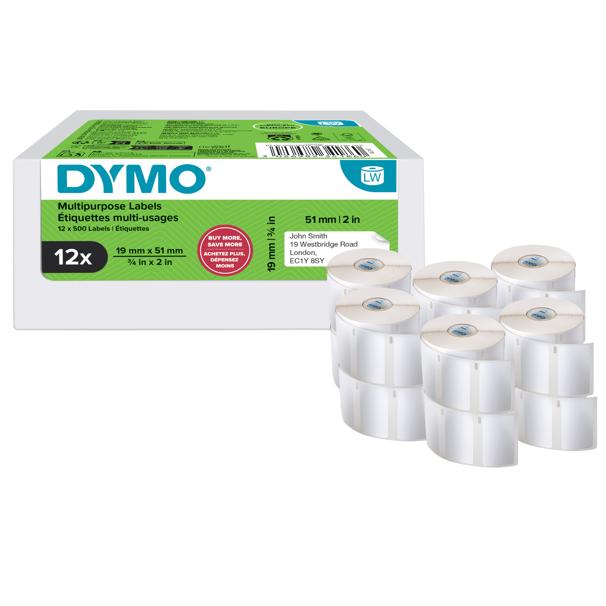 Value pack 12 rotoli etichette multiuso 19x51mm bianco (500 etic/rt Dymo LW