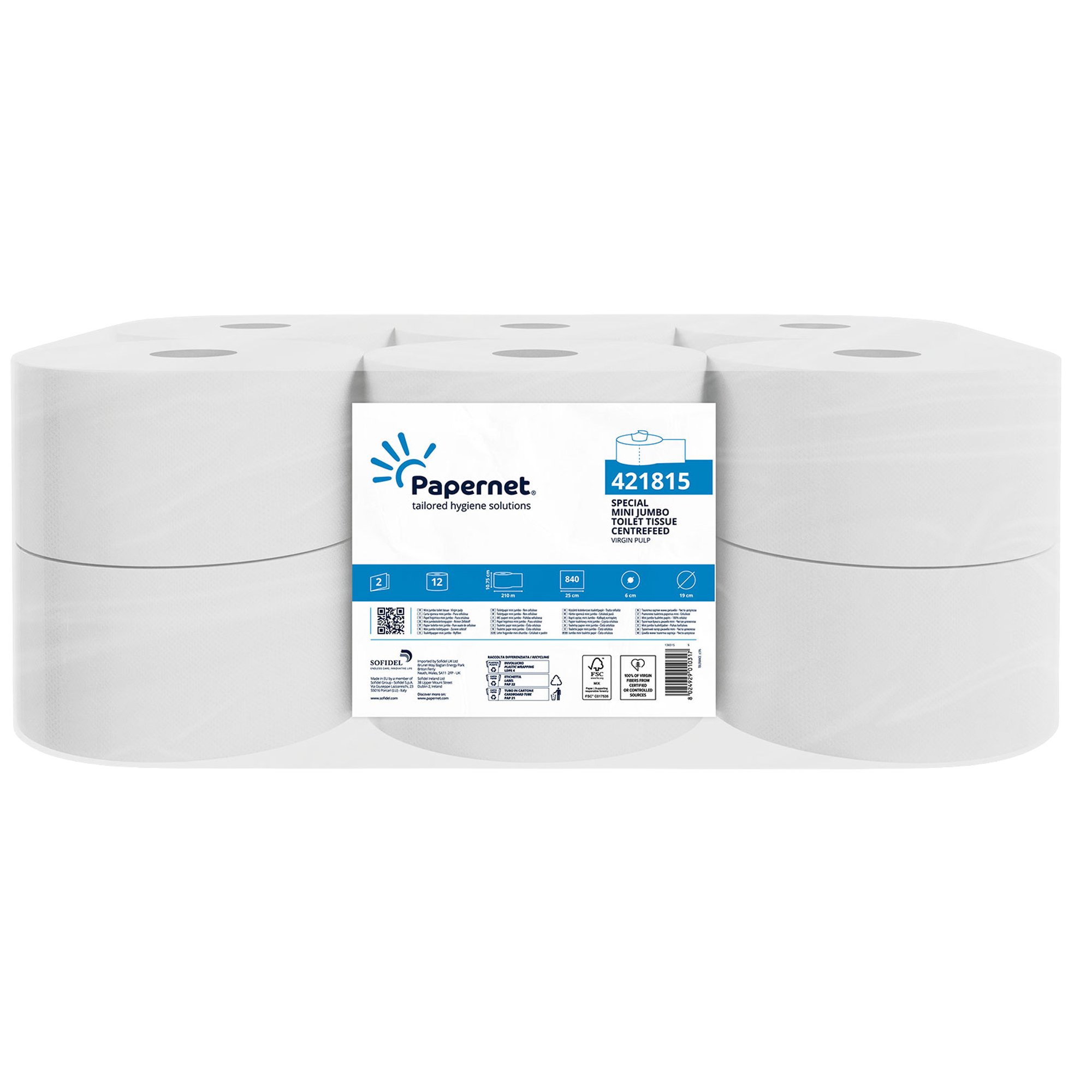 Carta igienica Centrefeed Mini Jumbo D19cm x 210m bianco Papernet