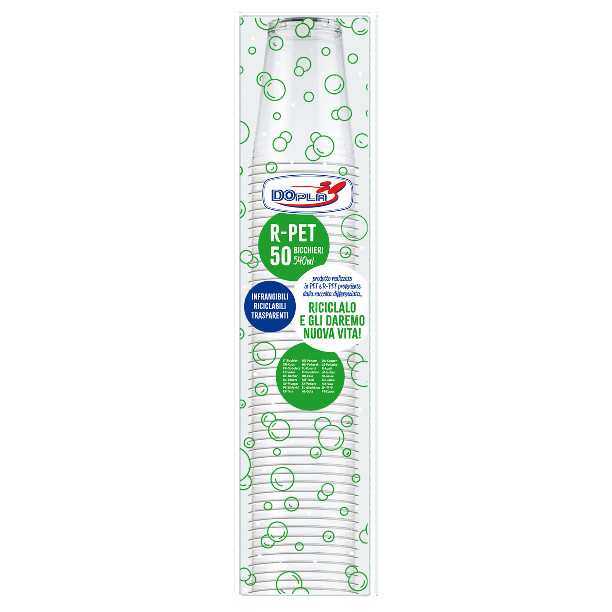 Conf 50 Bicchieri R-PET tacca 500ml trasparenti Dopla