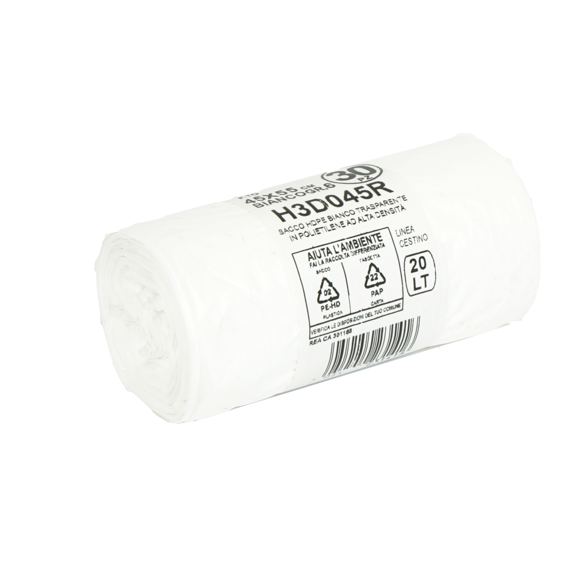 30 sacchi rifiuti 20L 45x55cm 15my HDPE bianco Bio Extrusion