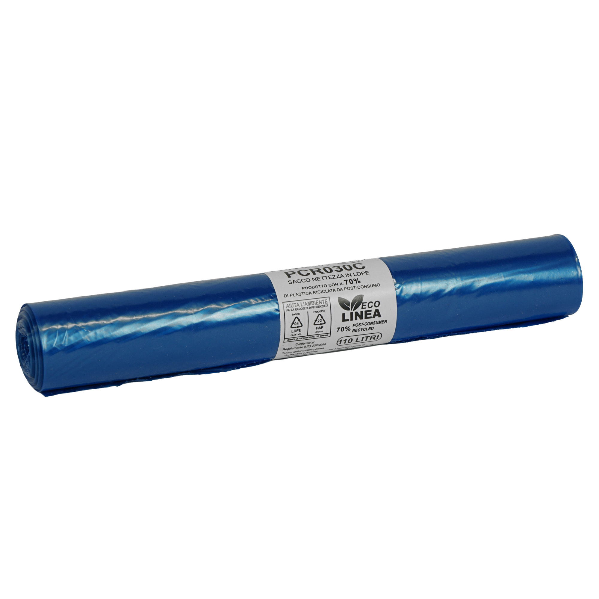 10 sacchi rifiuti PCR 110L 72x110cm 30gr azzurro Bio Extrusion