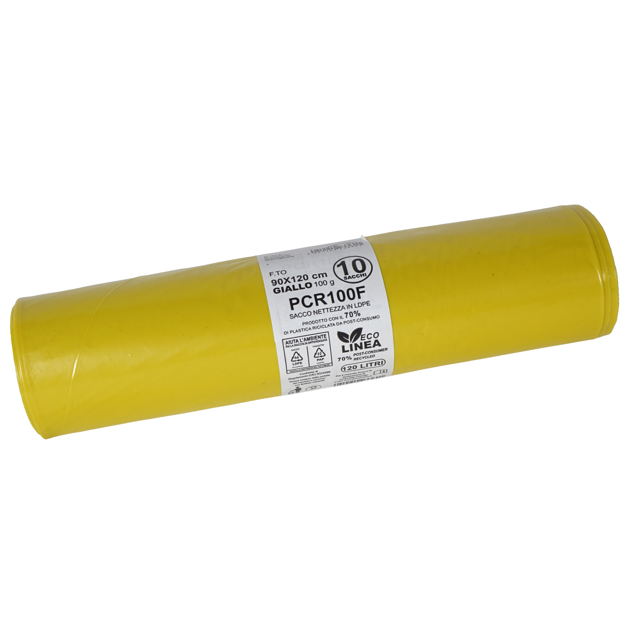 10 sacchi rifiuti PCR 120L 90x120cm 100gr giallo Bio Extrusion