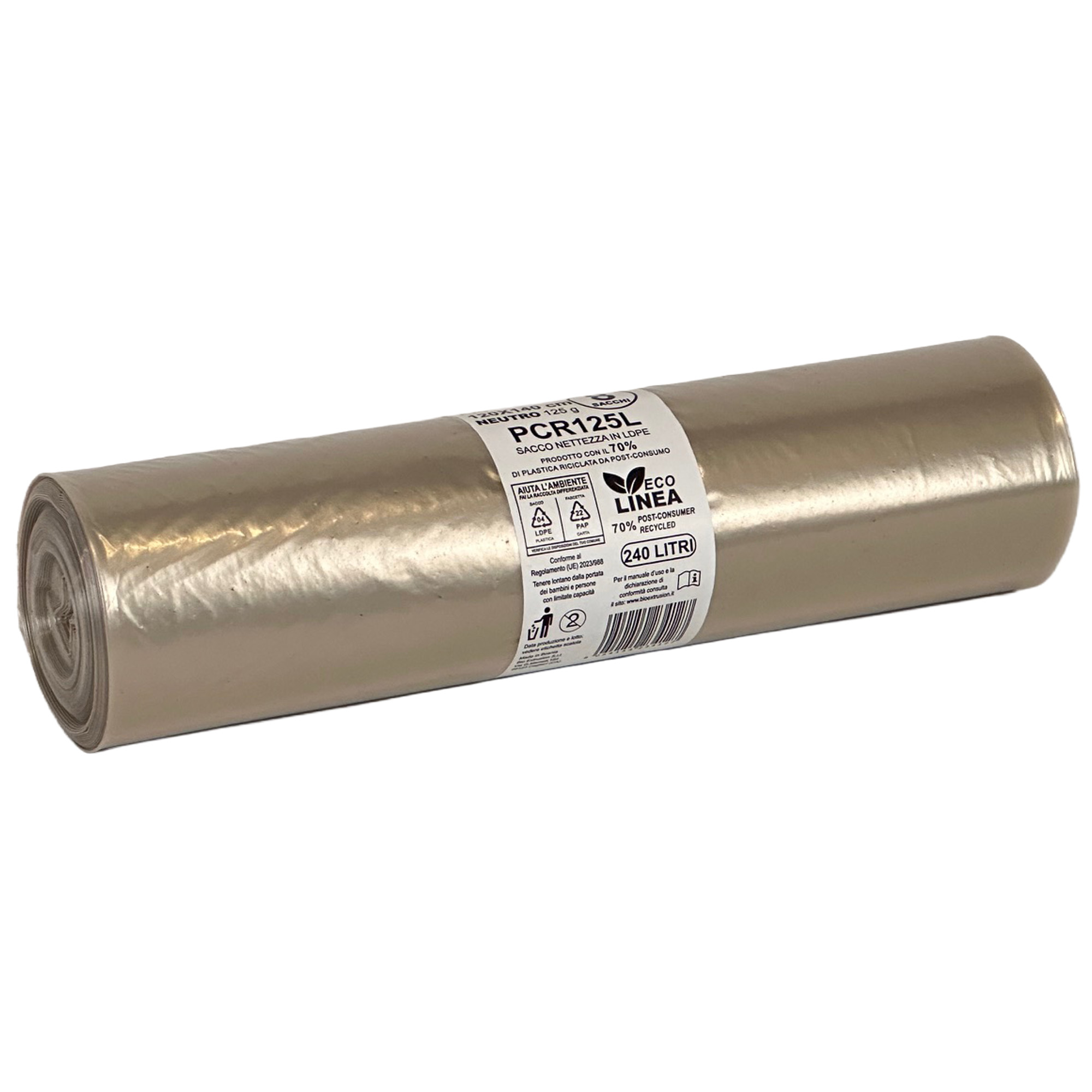 8 sacchi rifiuti PCR 240L 120x140cm 125gr neutro Bio Extrusion