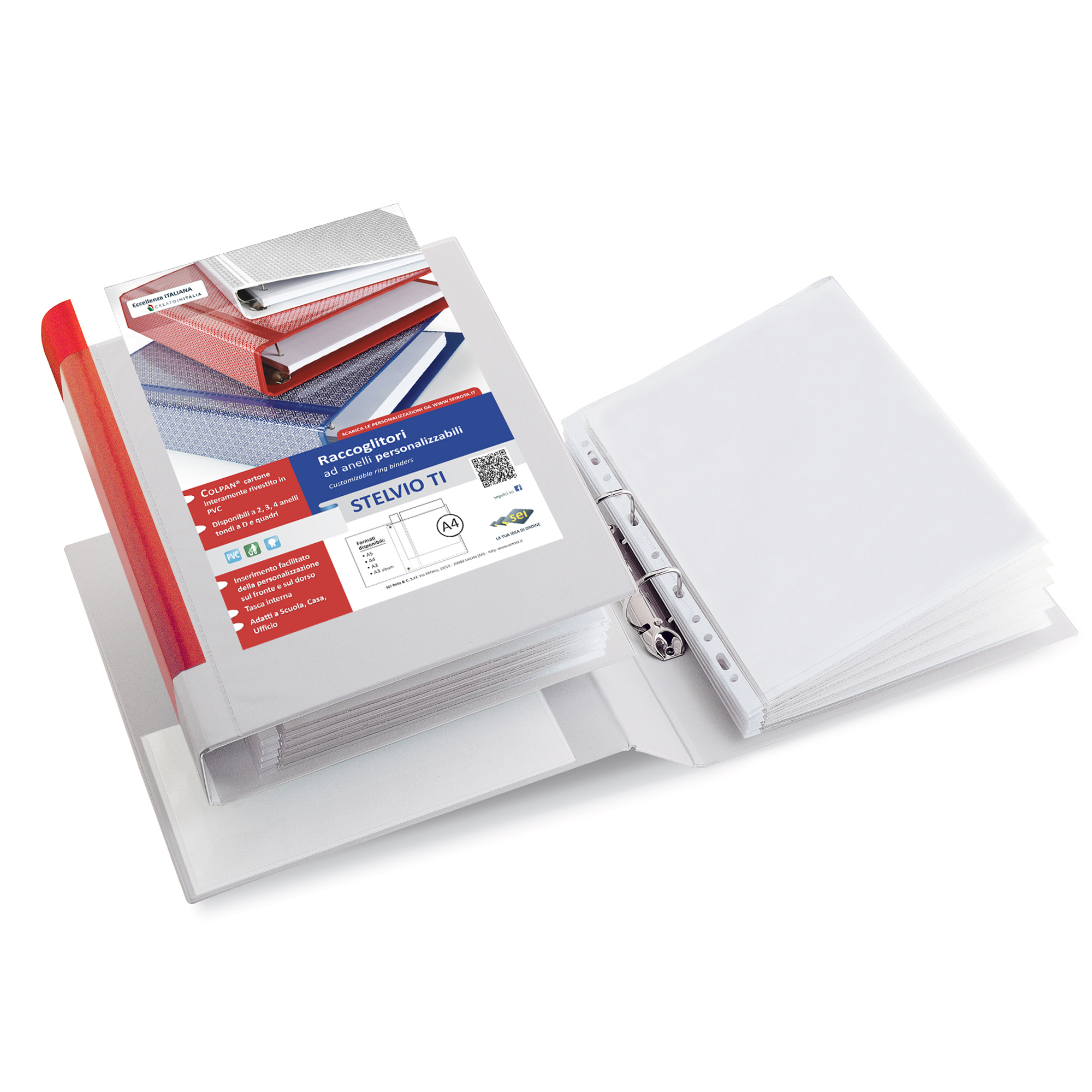 Raccoglitore personalizzabile Stelvio TI - 22 x 30 cm - 2 anelli a D 50 mm - dorso 7,5 cm - bianco - Sei Rota