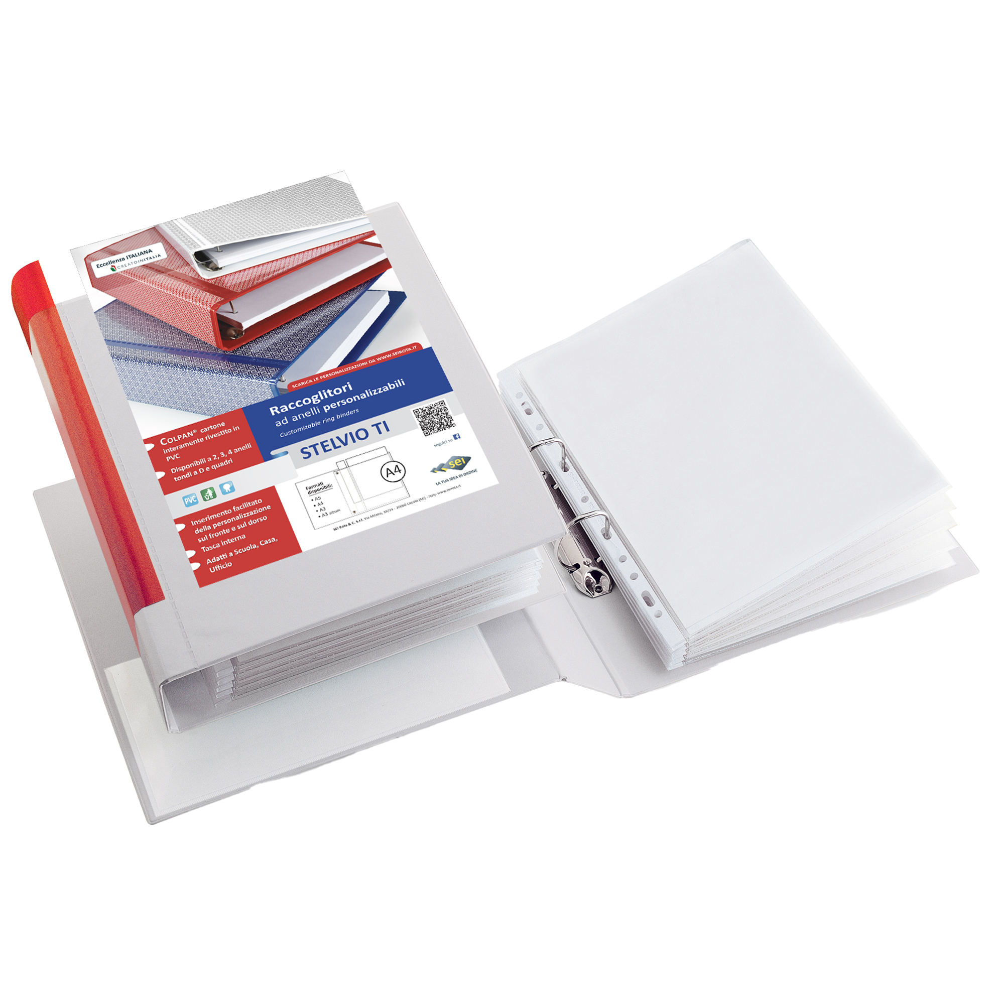 Raccoglitore personalizzabile Stelvio TI - 22 x 30 cm - 4 anelli a R 13 mm - dorso 2 cm - bianco - Sei Rota
