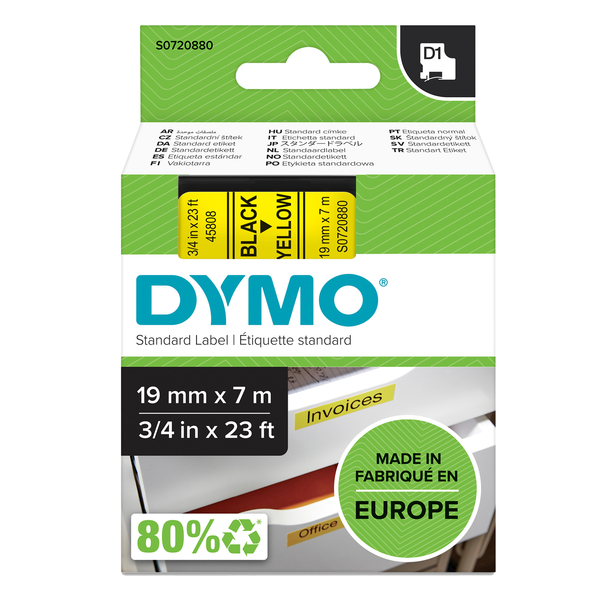 Nastro D1 standard 458080 - 19 mm x 7 mt - PL - nero/giallo - Dymo