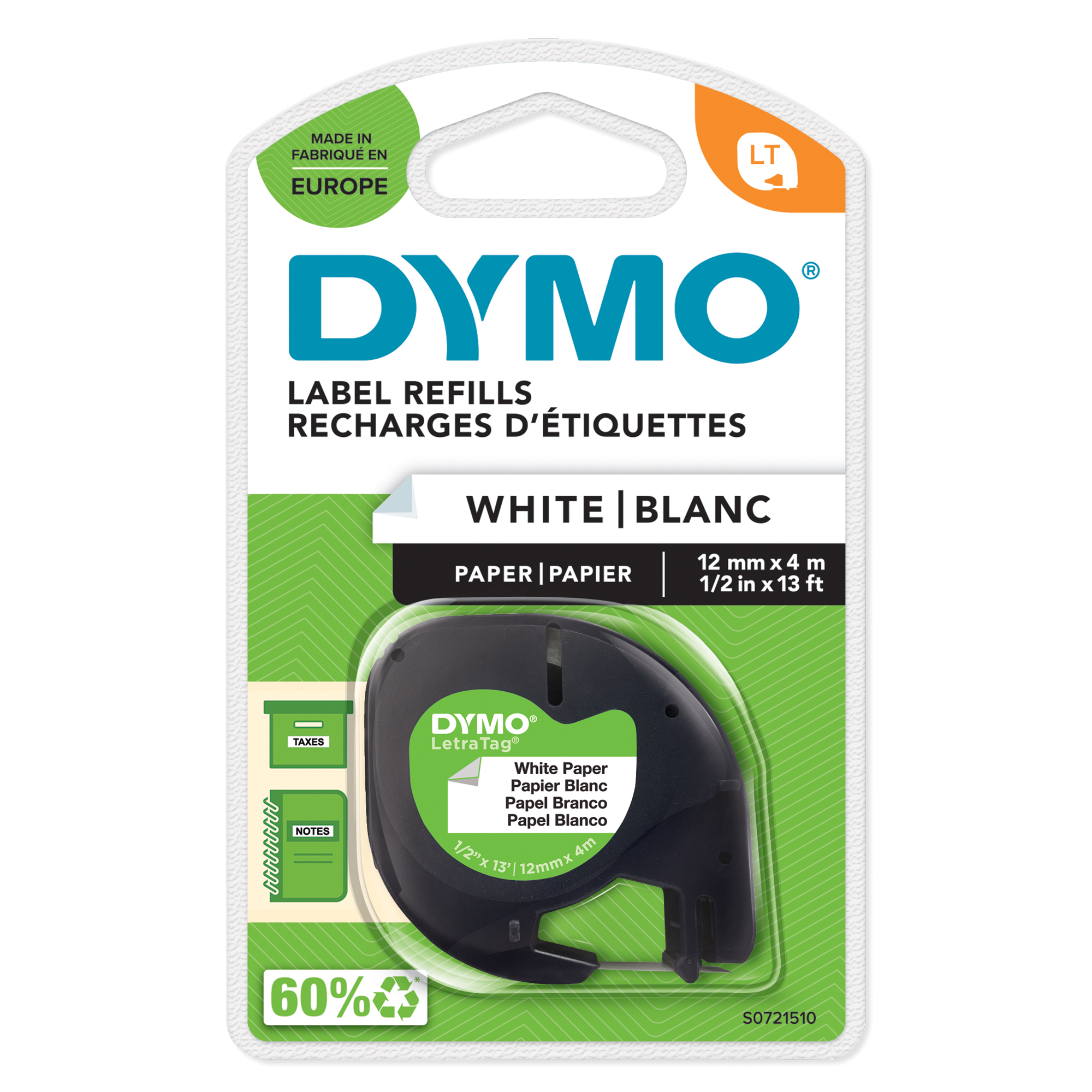 Nastro Letratag 912000 - 12 mm x 4 mt -carta - bianco - Dymo