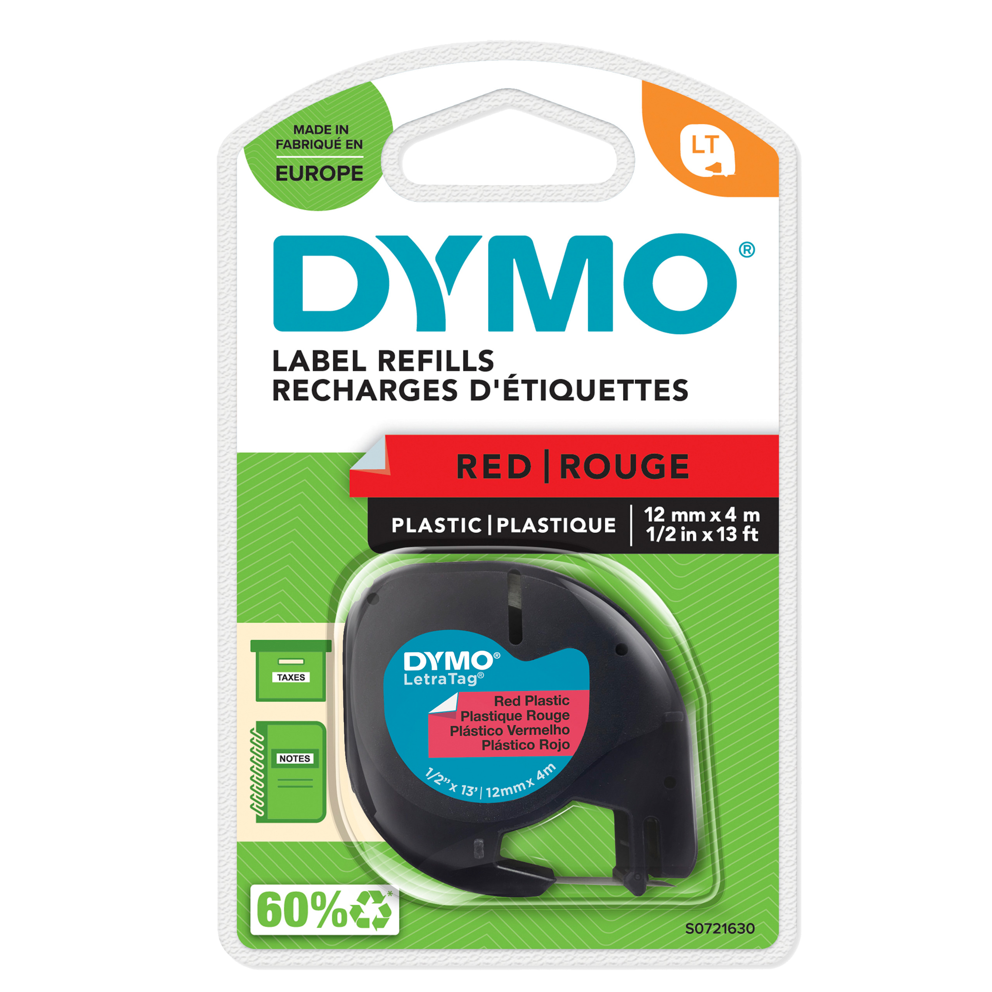 Nastro Letratag 912030 - 12 mm x 4 mt - plastica - rosso - Dymo