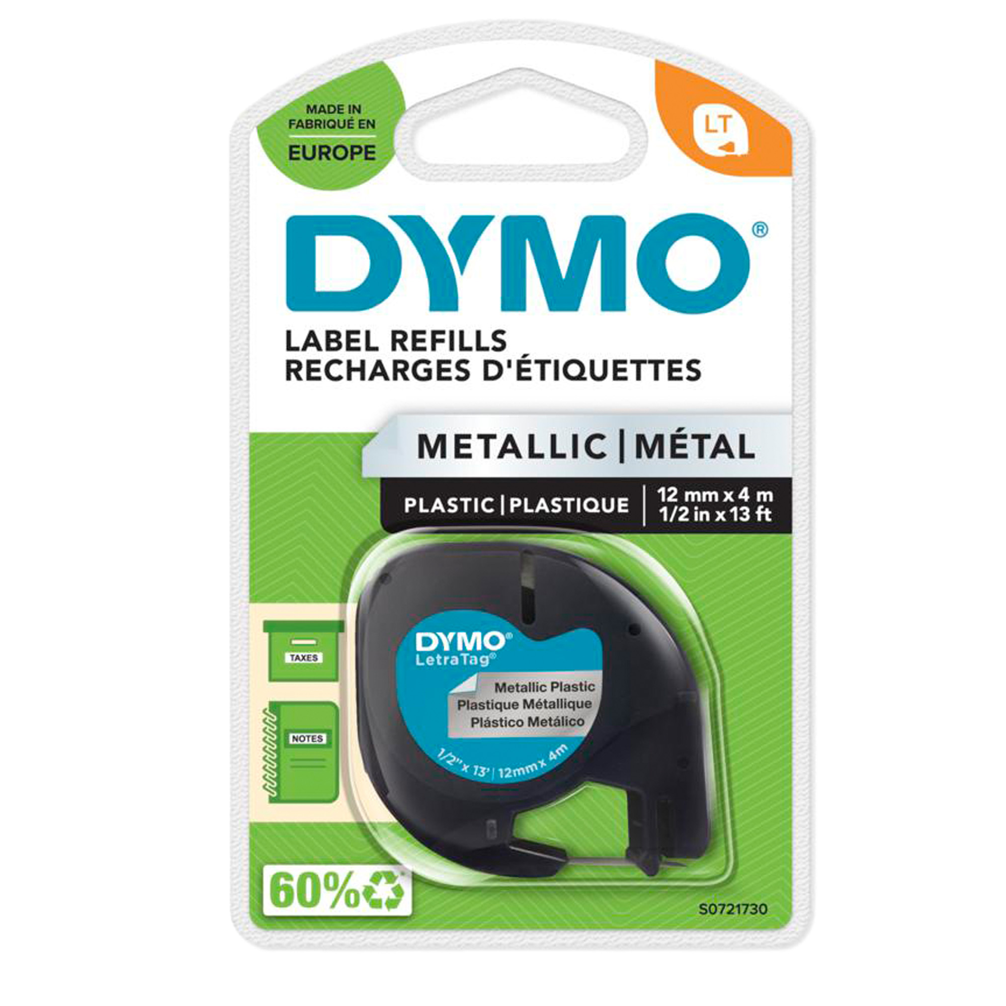Nastro Letratag 912080 - 12 mm x 4 mt - metallo - argento - Dymo