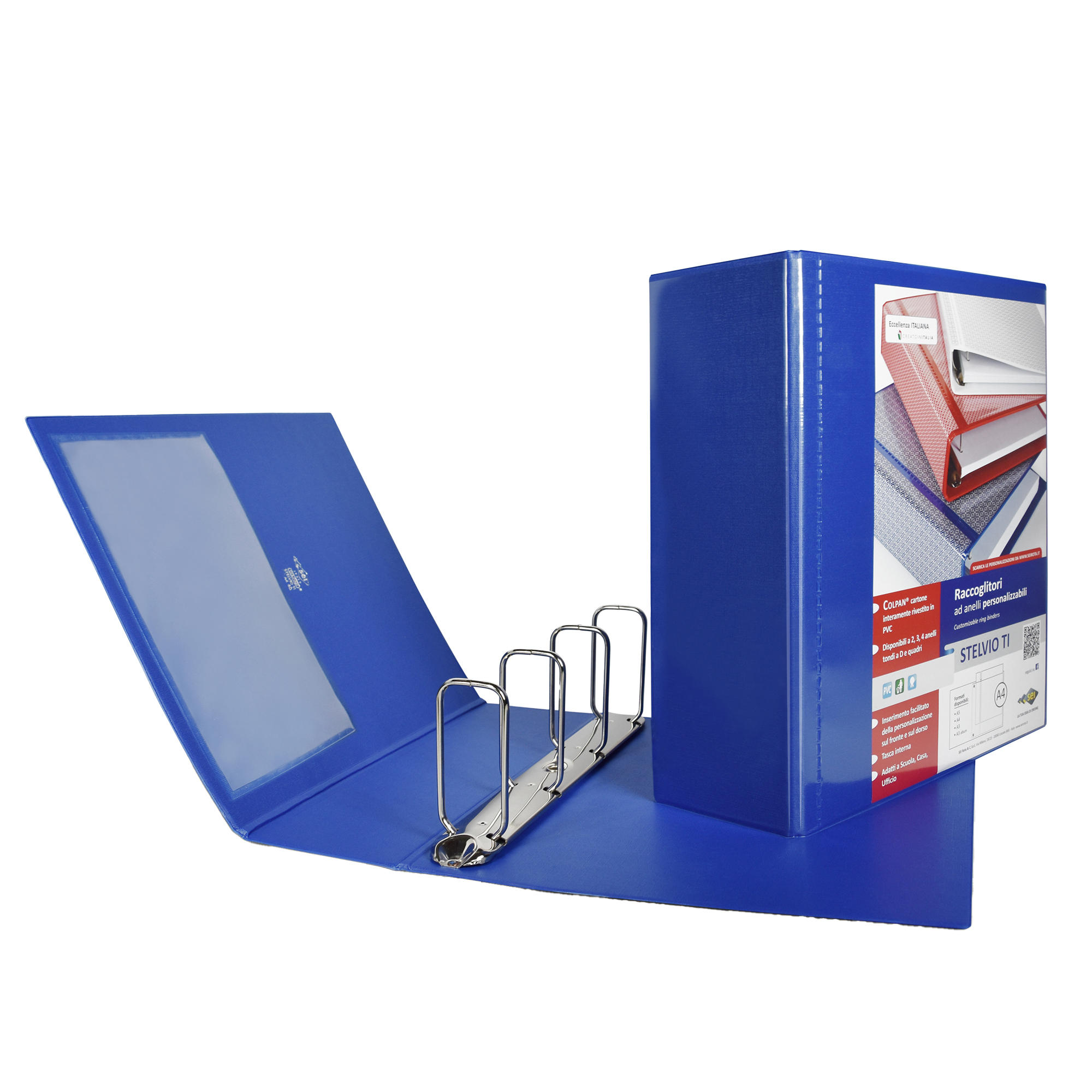 Raccoglitore personalizzabile Stelvio TI - 22 x 30 cm - 4 anelli a Q 65 mm - dorso 9 cm - blu - Sei Rota