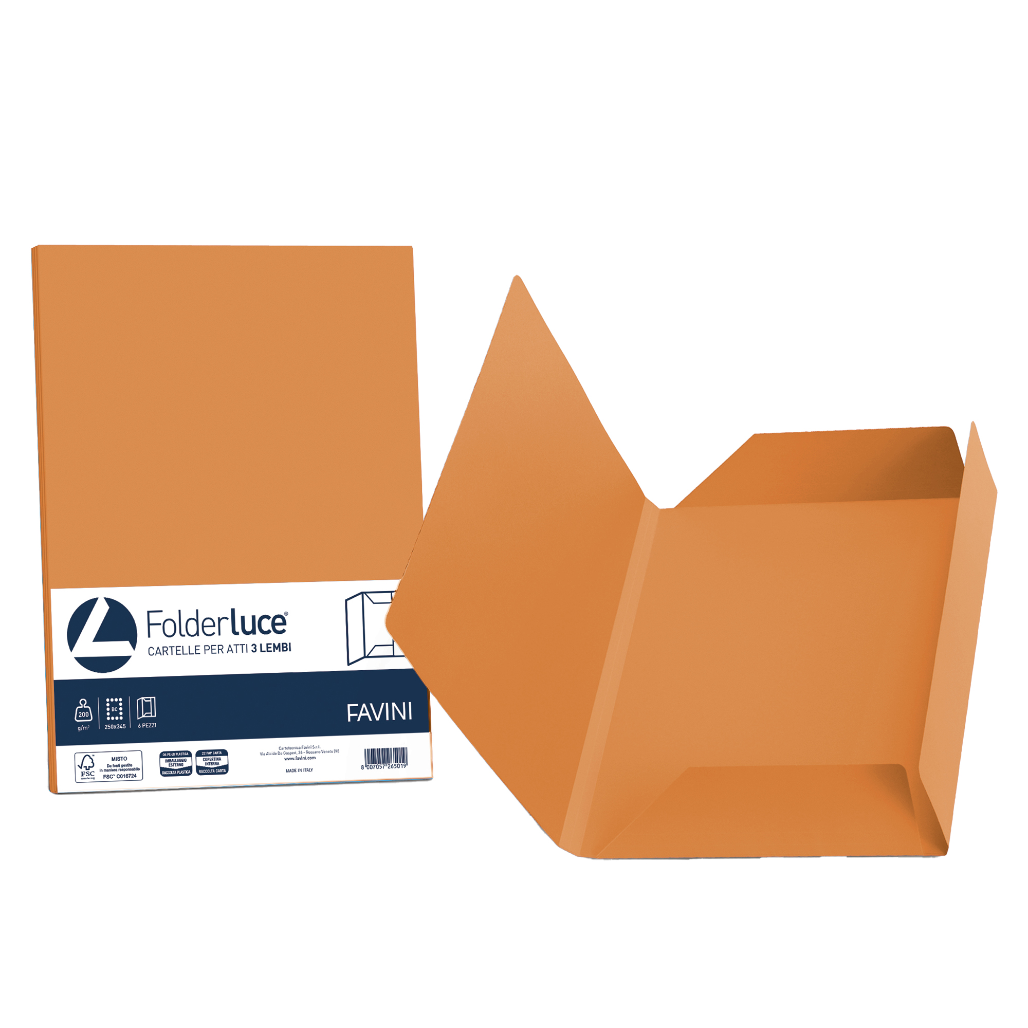 Cartellina 3 lembi Luce - 200 gr - A4 - cartoncino bristol - arancio - Favini - conf. 25 pezzi