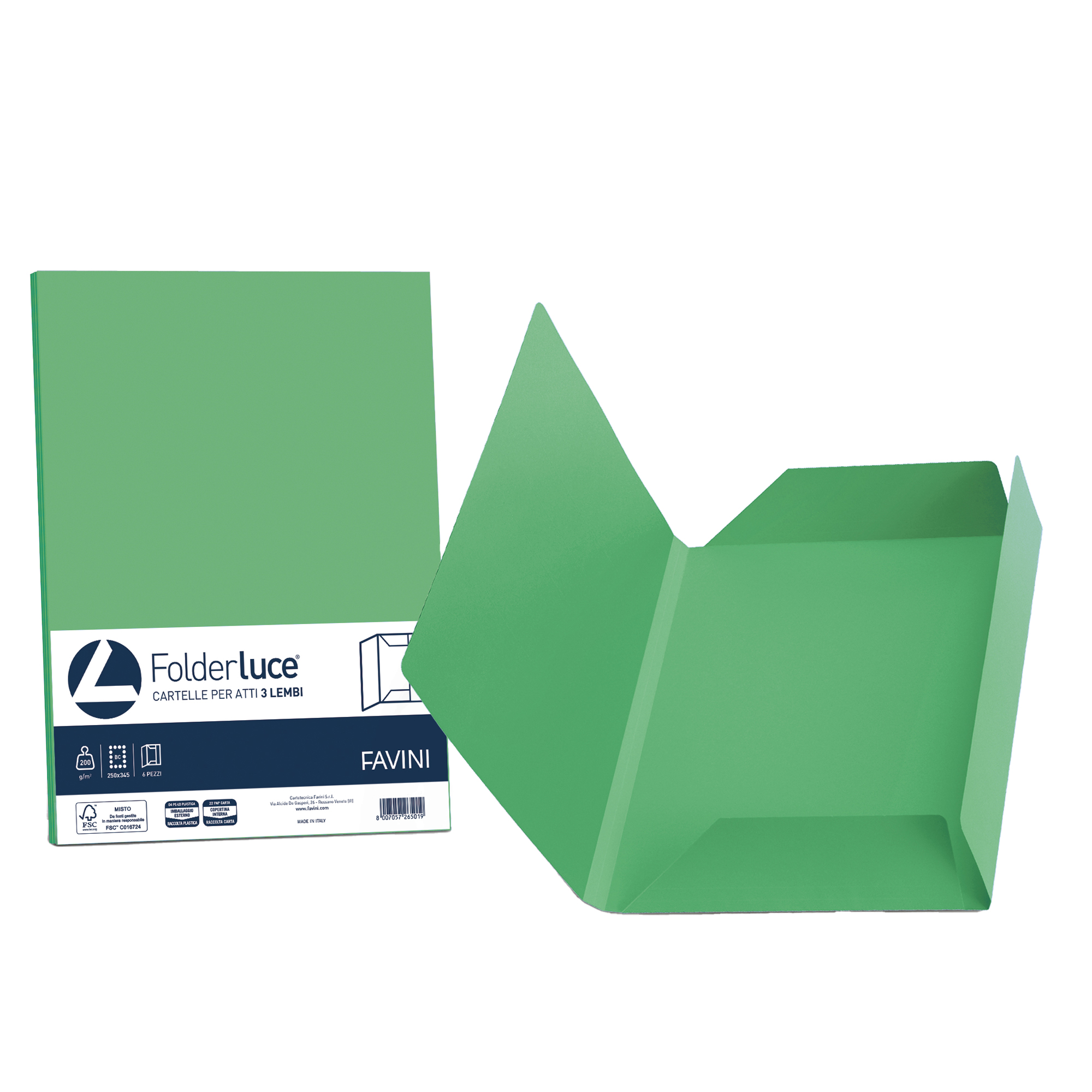 Cartellina 3 lembi Luce - 200 gr - A4 - cartoncino bristol - verde - Favini - conf. 25 pezzi