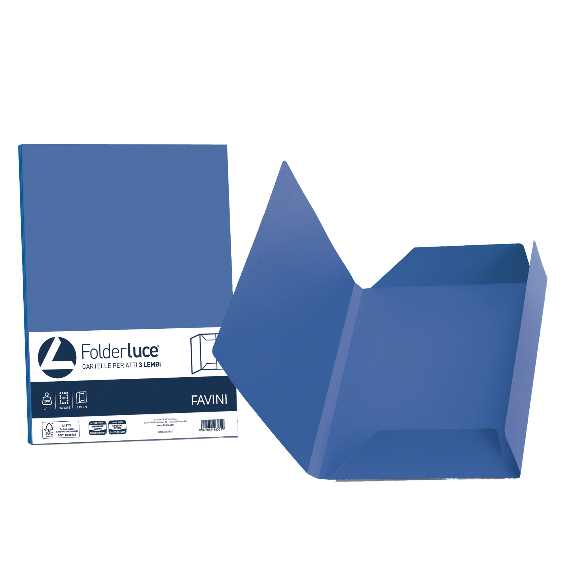 Cartellina 3 lembi Luce - 200 gr - A4 - cartoncino bristol - blu prussia - Favini - conf. 25 pezzi