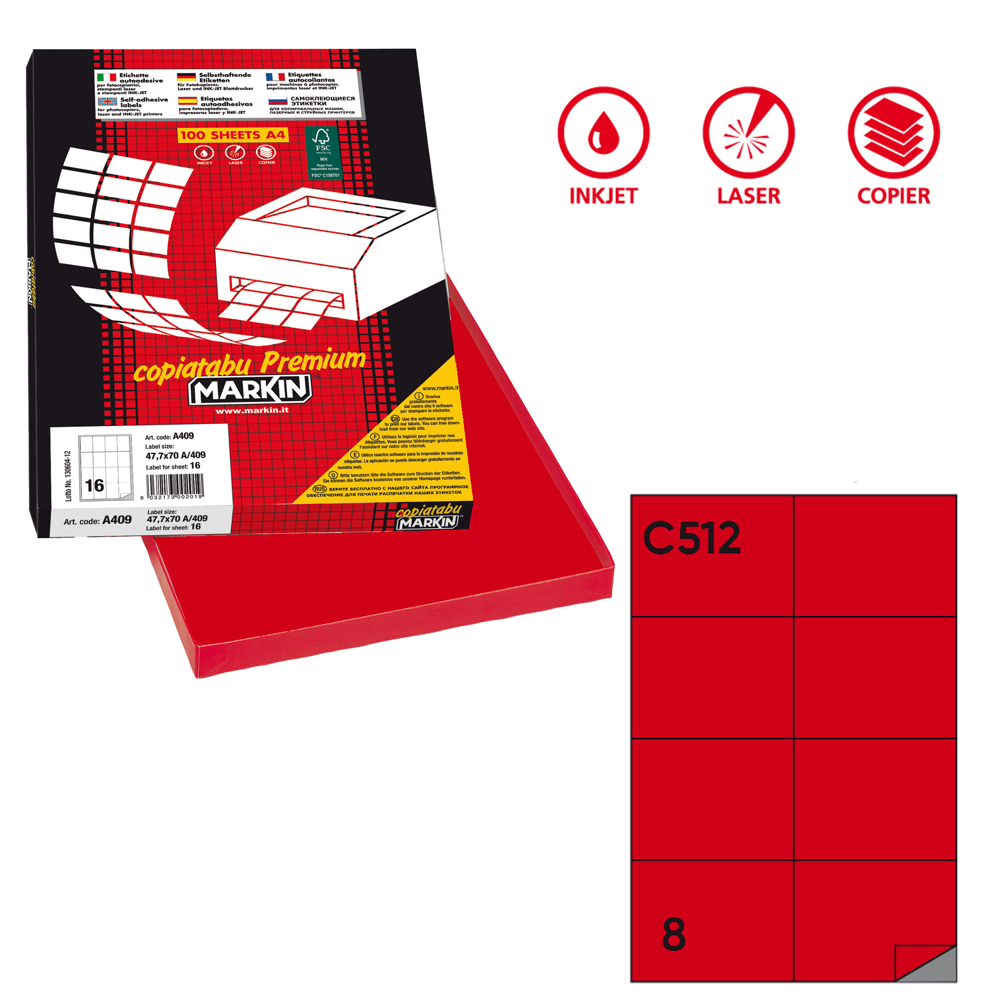 Etichette adesive C/512 - in carta - permanenti - 105 x 74,25 mm - 8 et/fg - 100 fogli - rosso - Markin