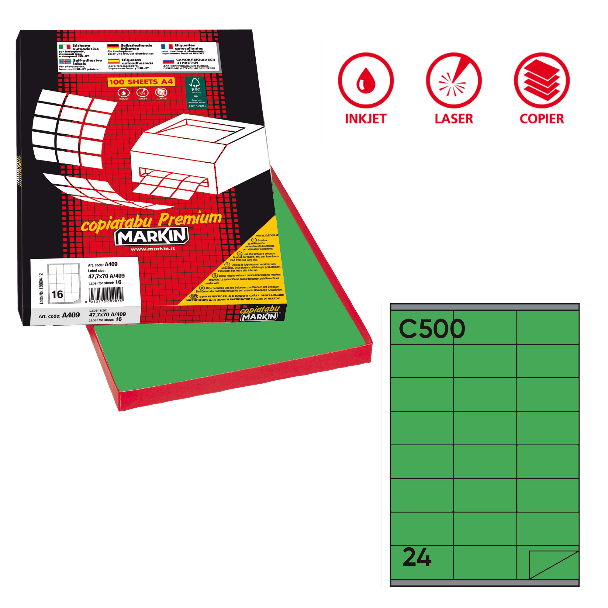 Etichette adesive C/500 - in carta - permanenti - 70 x 36 mm - 24 et/fg - 100 fogli - verde - Markin