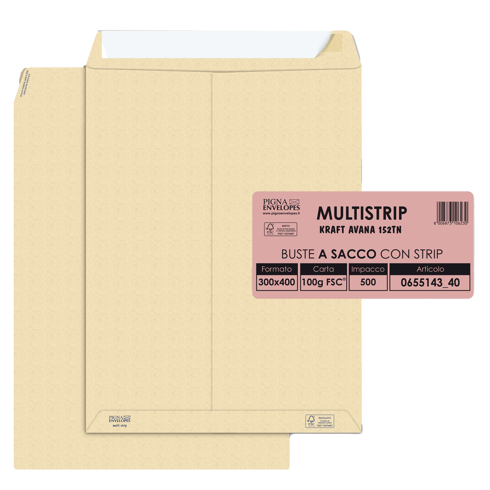 Busta a sacco Multi Strip - strip adesivo - 30 x 40 cm - 100 gr - carta riciclata FSC - avana - Pigna Envelopes - conf. 500 pezzi