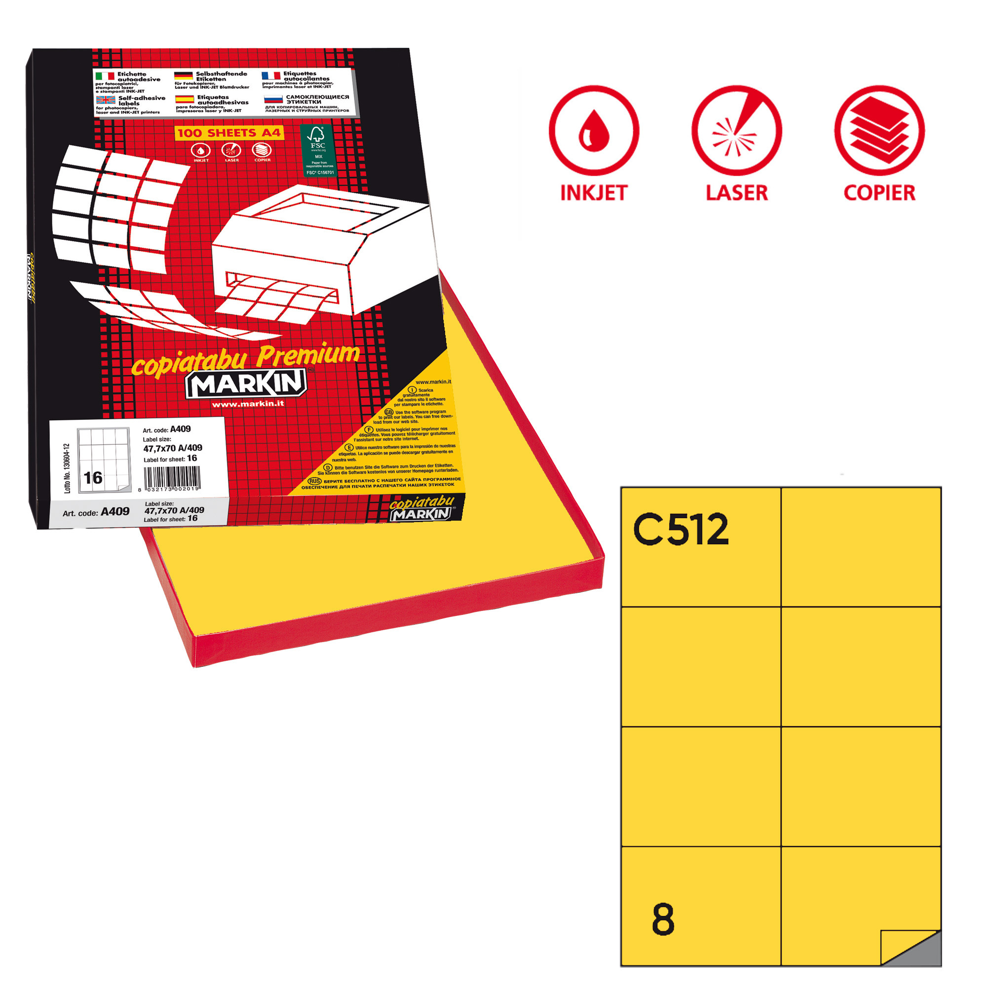 Etichette adesive C/512 - in carta - permanenti - 105 x 74,25 mm - 8 et/fg - 100 fogli - giallo - Markin