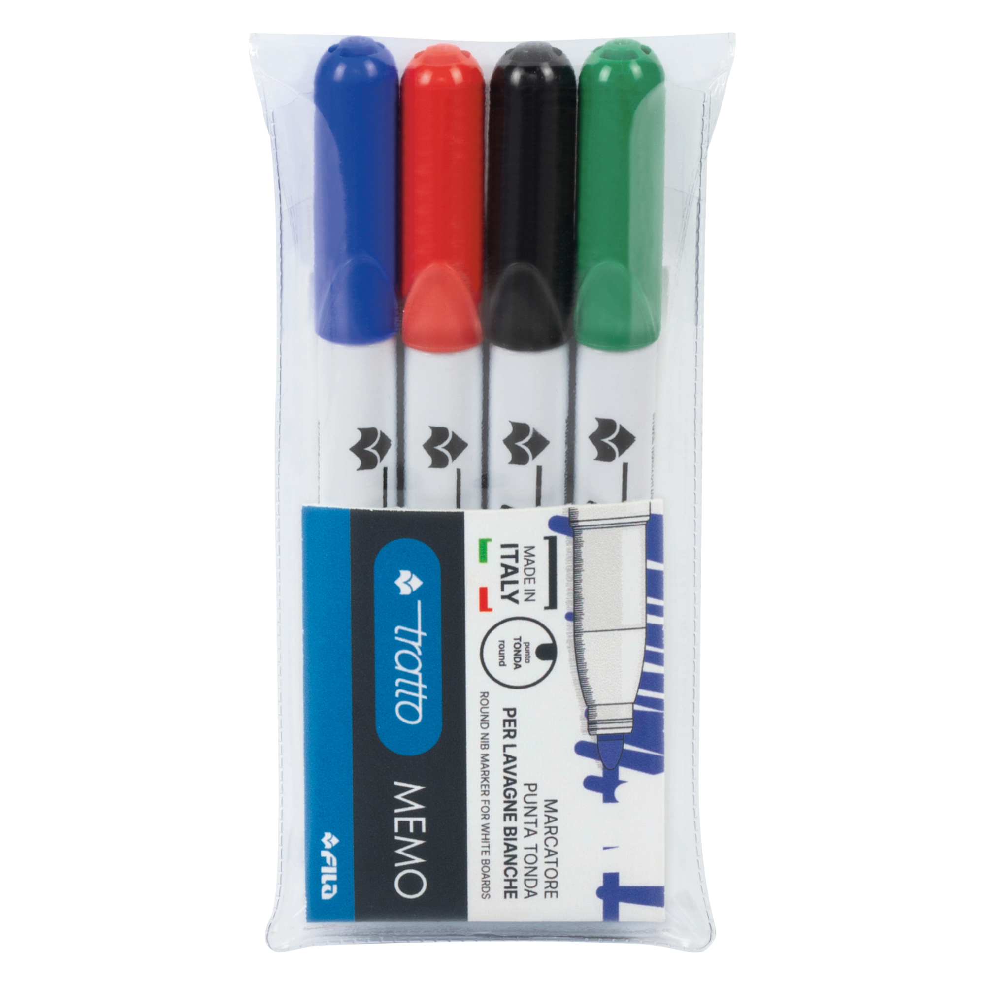 Pennarello Tratto Memo - a secco - per lavagne cancellabili - punta conica - tratto 2,5mm - astuccio 4 colori - Tratto