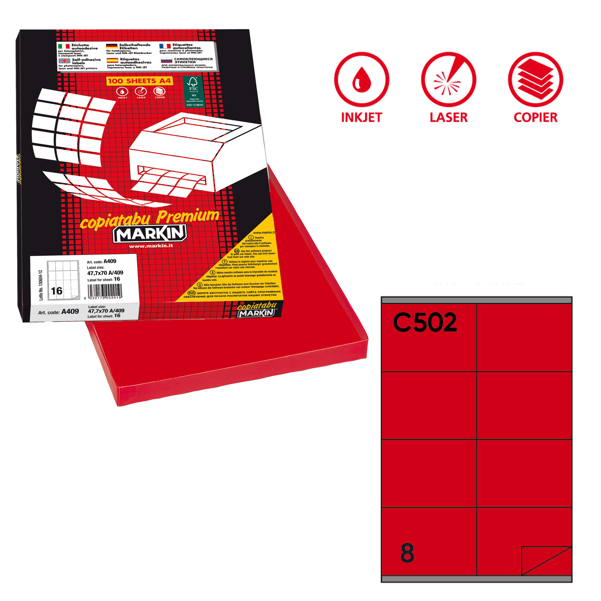 Etichette adesive C/502 - in carta - permanenti - 105 x 72 mm - 8 et/fg - 100 fogli - rosso - Markin