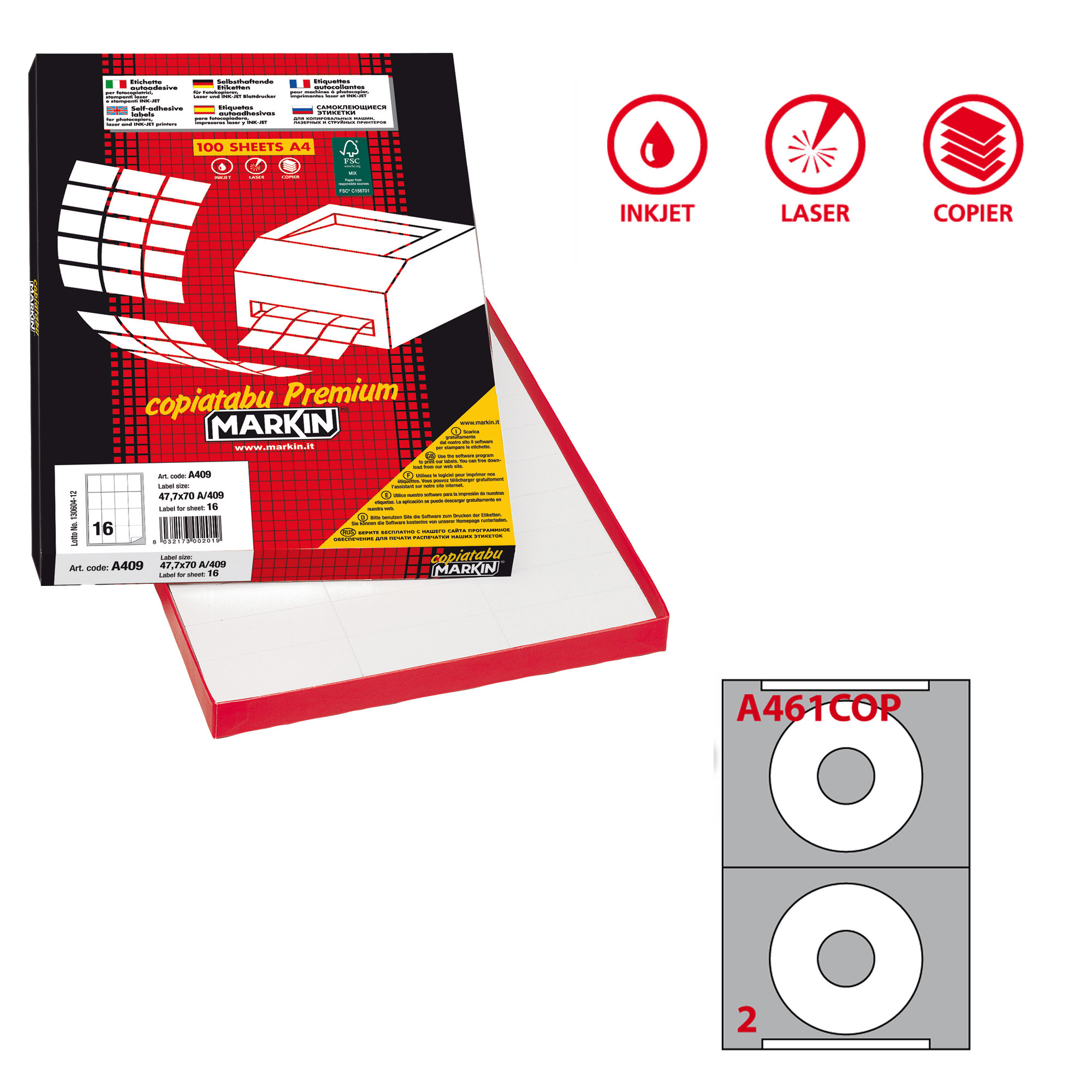 Etichette adesive A/461 - in carta - permanenti - diametro CD 114,5 mm - foro 41 mm - 2 et/fg - 100 fogli - bianco coprente - Markin
