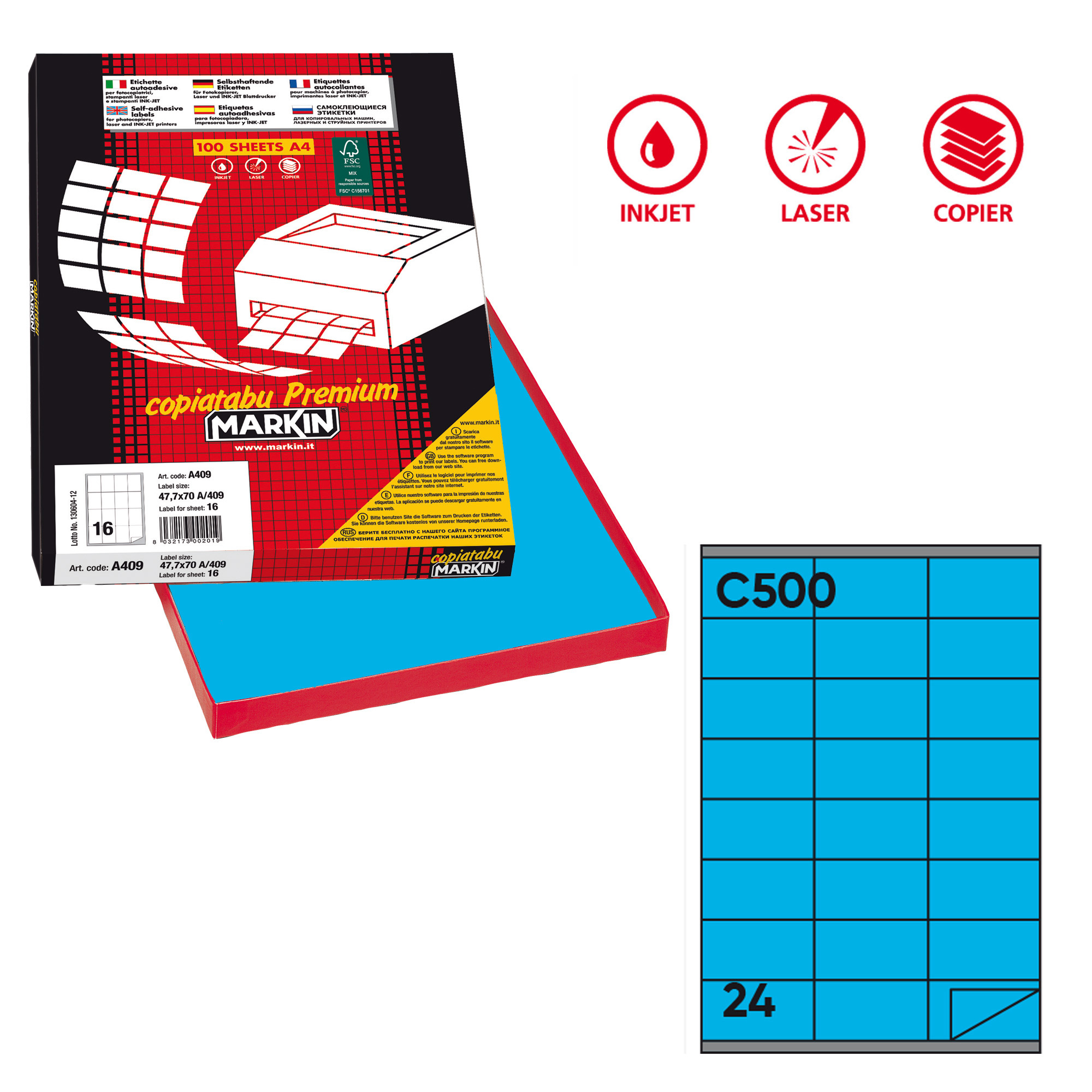 Etichette adesive C/500 - in carta - permanenti - 70 x 36 mm - 24 et/fg - 100 fogli - blu - Markin