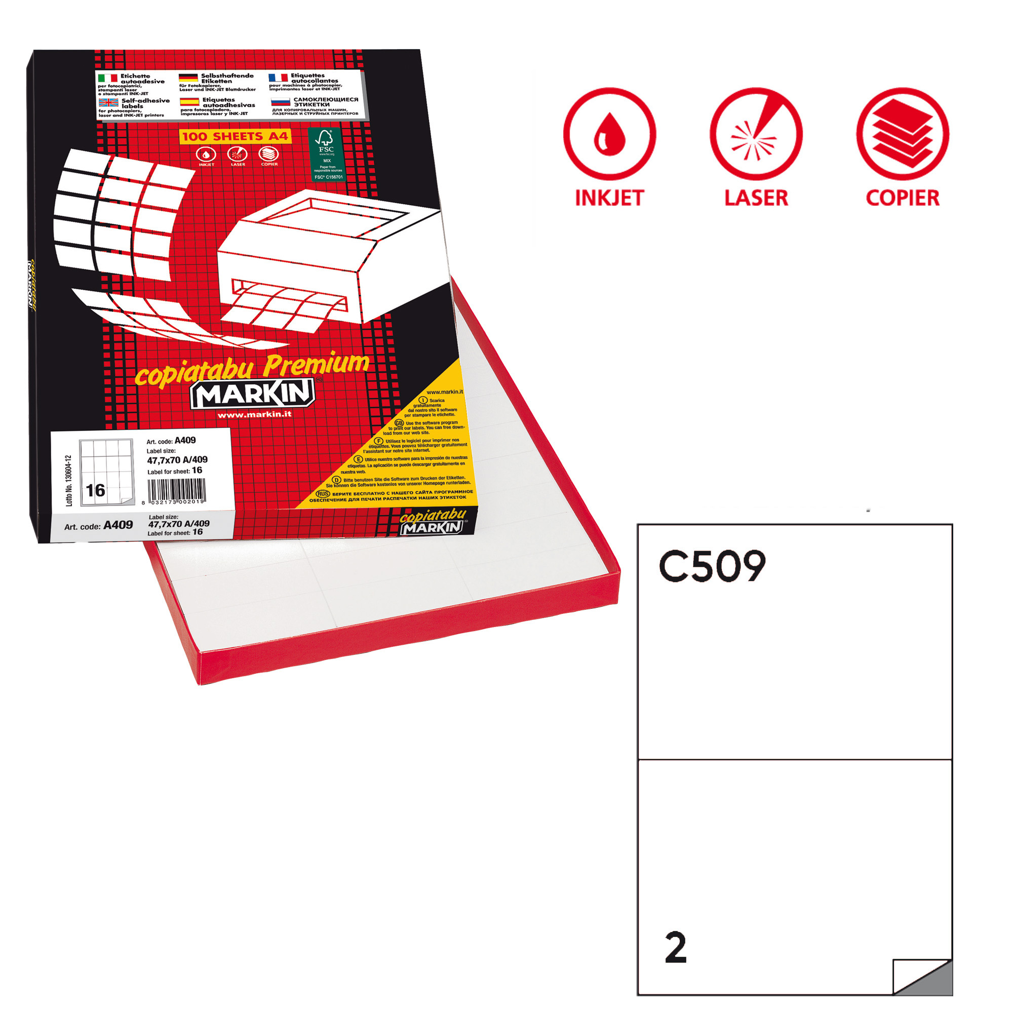 Etichette adesive C/509 - in carta - extra permanenti - 210 x 148,4 mm - 2 et/fg - 100 fogli - bianco - Markin