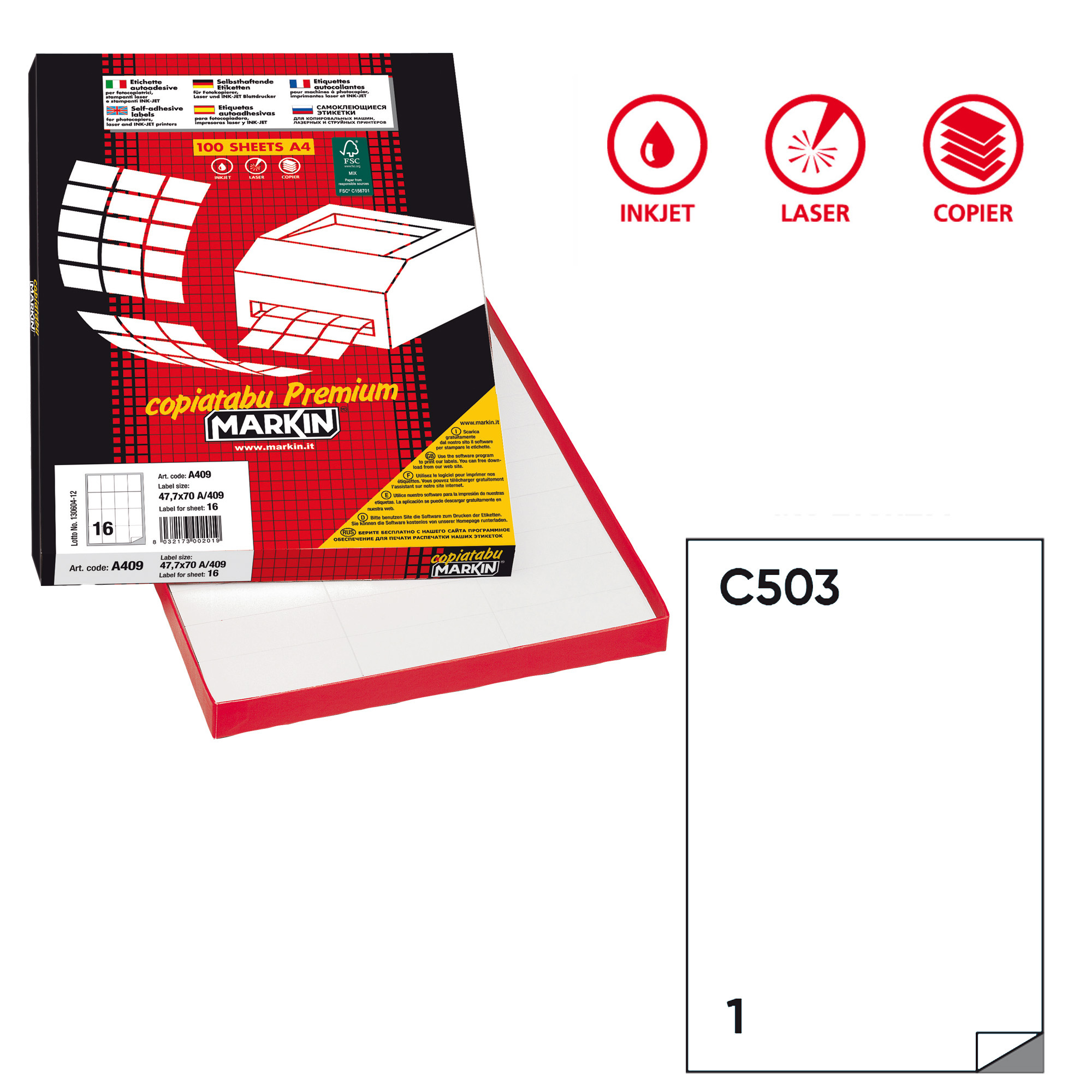 Etichette adesive C/503 - in carta - extra permanenti - 21 x 29,7 cm - 1 et/fg - 100 fogli - bianco - Markin