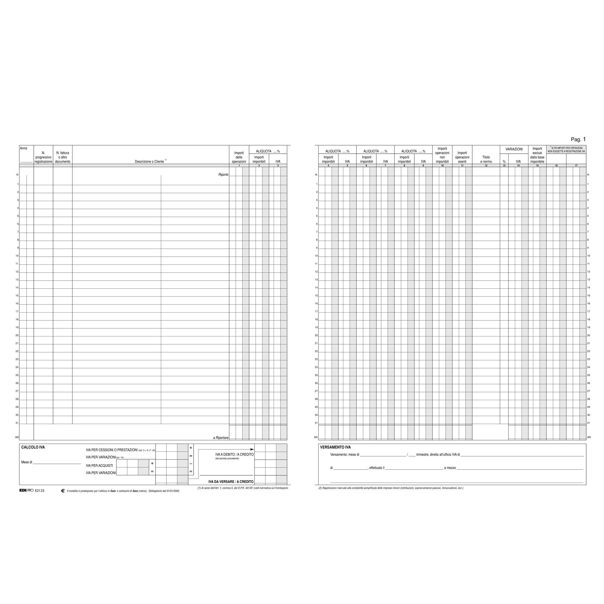 Registro Iva fatture - 31 x 24,5cm - 22pg - numerate - Edipro