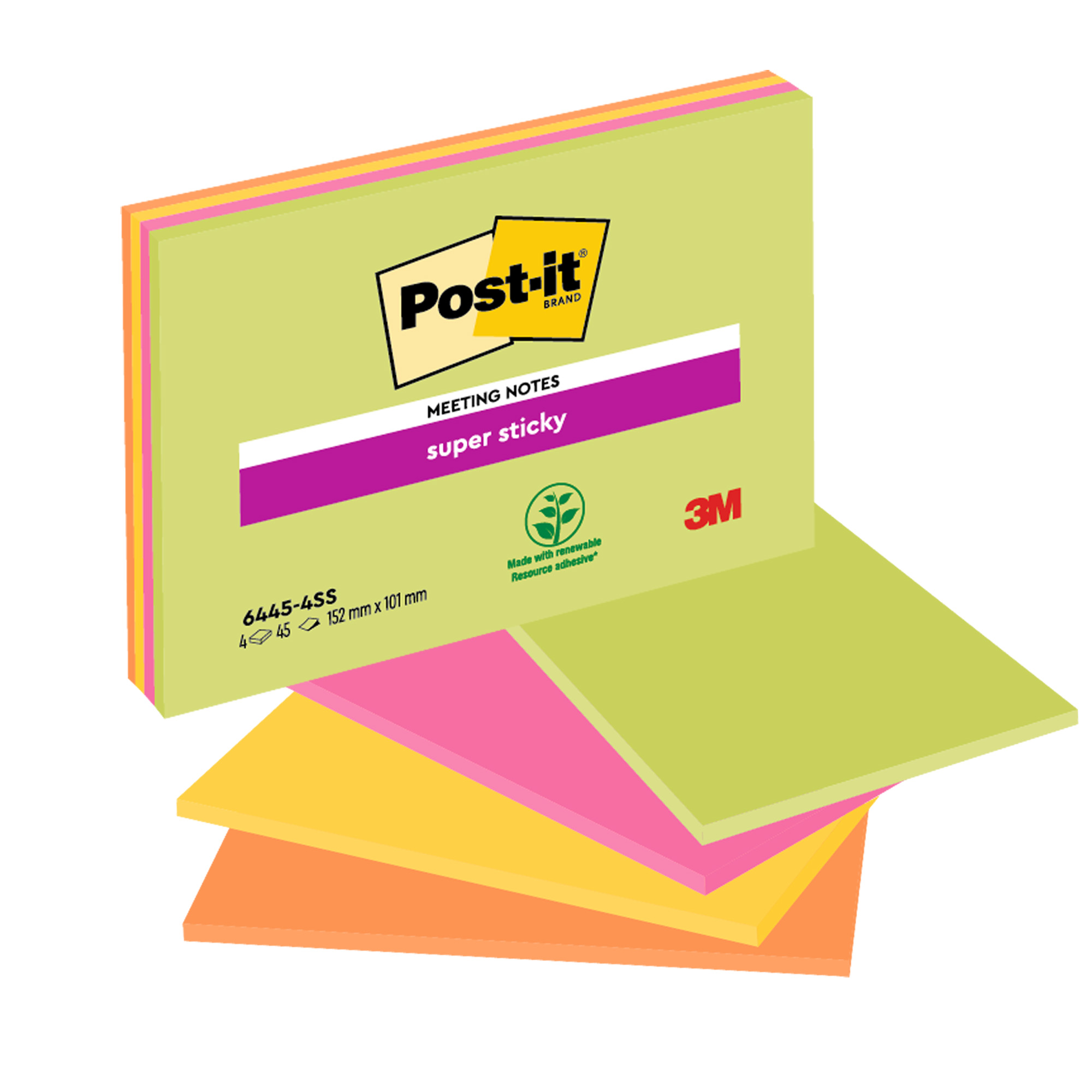 Blocco foglietti Post-it Super Sticky Meeting Notes - 6445-SSP - 152 x 101 mm - rosa/verde neon - 45 fogli - Post-it