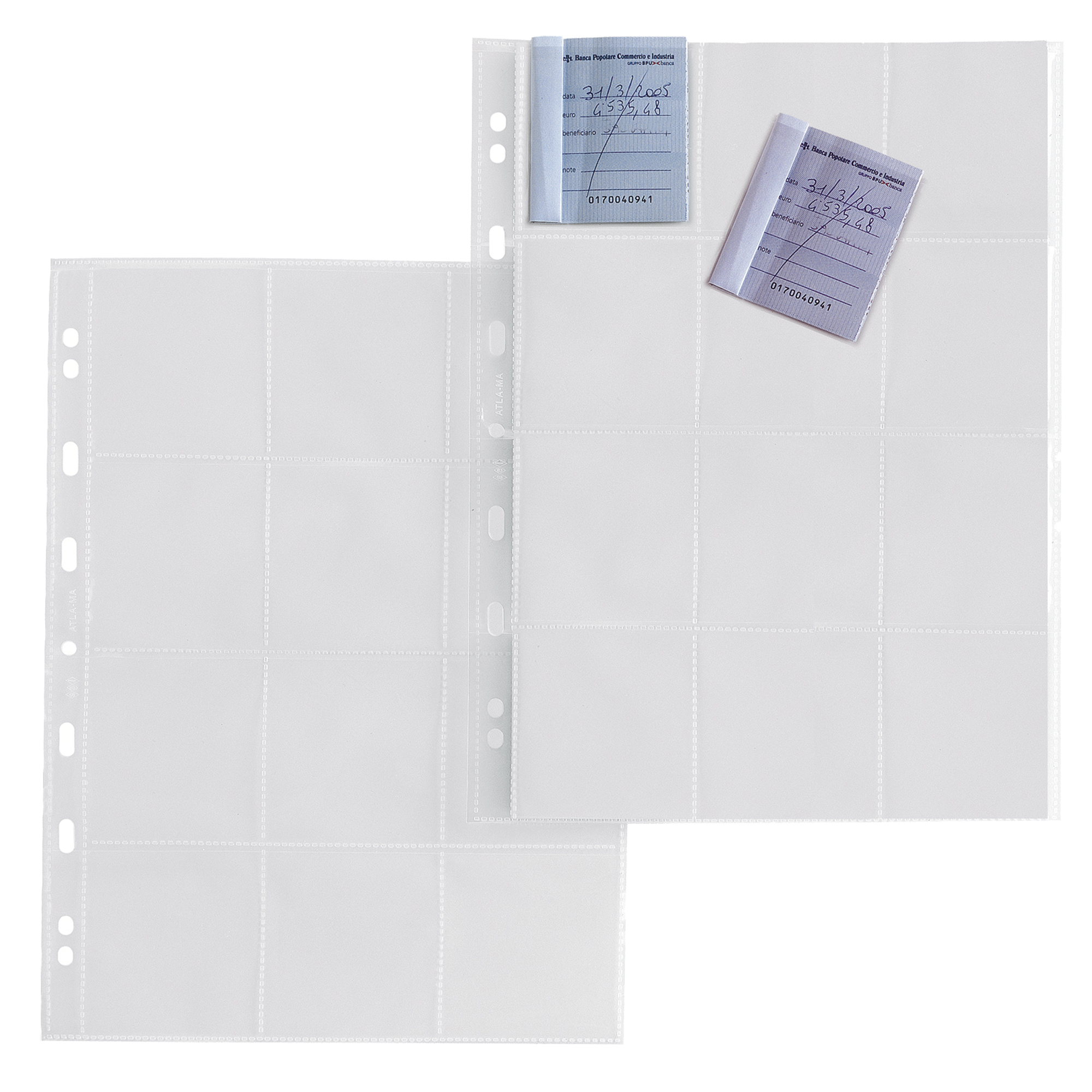 Buste forate Atla MA - 21 x 29,7 cm - PP - porta matrici assegni - 12 spazi 65 x 72mm - liscio - Sei Rota - conf. 10 pezzi