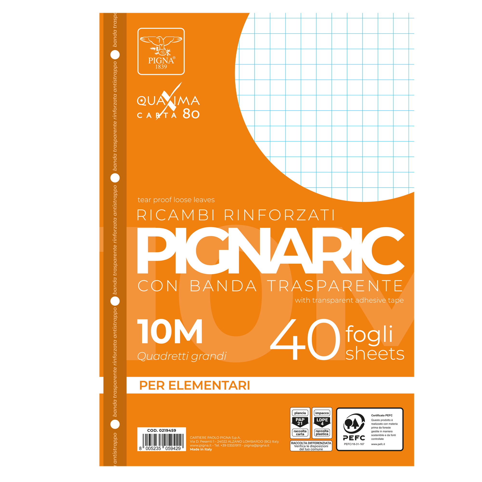 Ricambi forati rinforzati Pignaric - A4 - 10mm - 80gr - Pigna - conf. 40 pezzi
