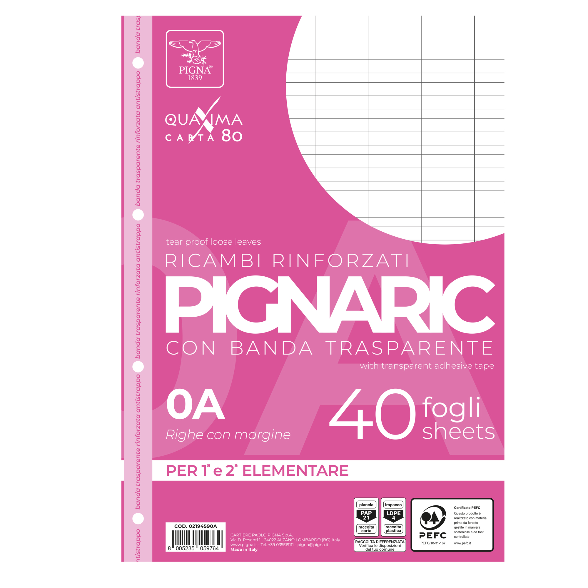 Ricambi forati rinforzati Pignaric - A4 - rigo di 1a - 80gr - Pigna - conf. 40 pezzi