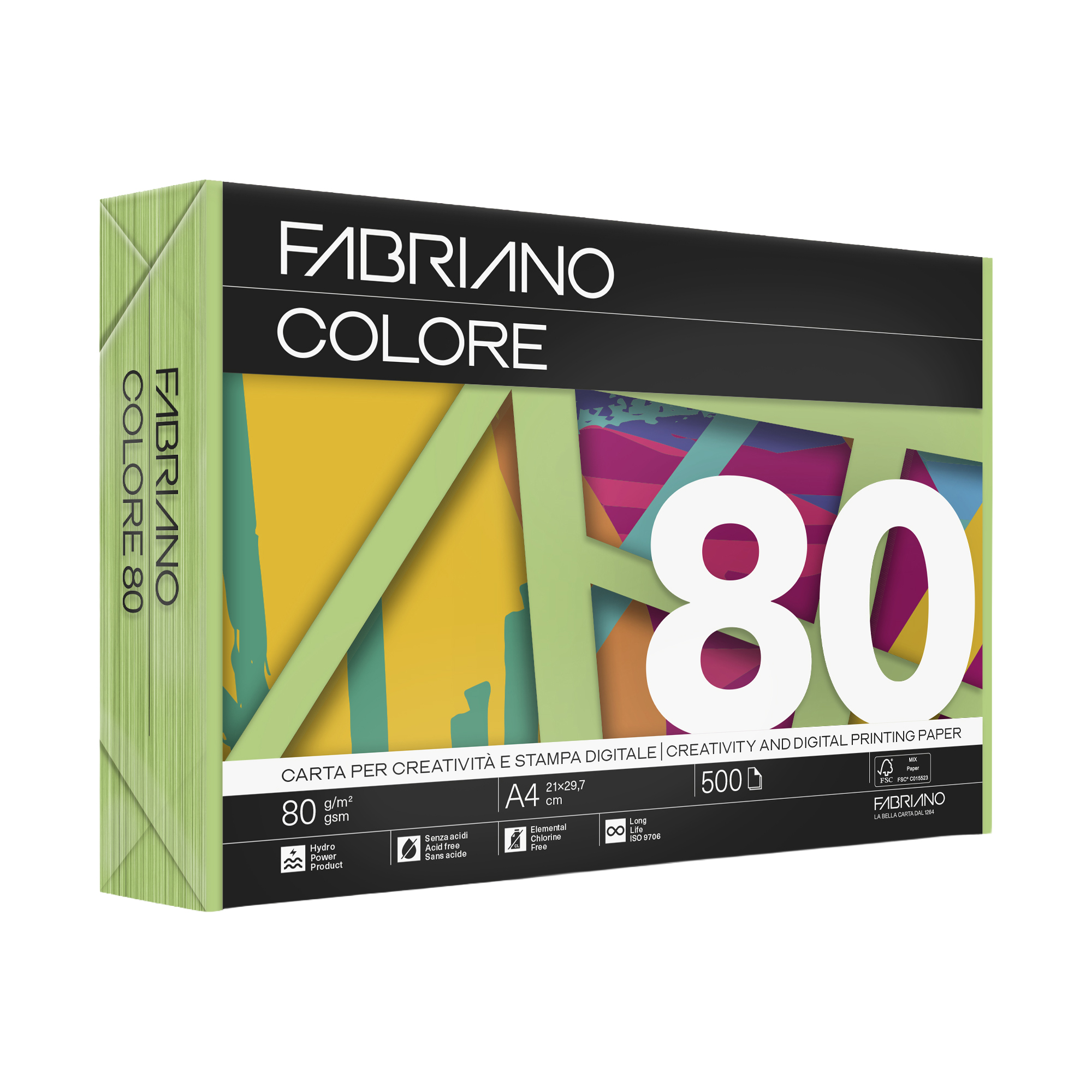 Carta Fabriano Colore - A4 - 80 gr - colori forti verde pisello - Fabriano - conf. 500 fogli