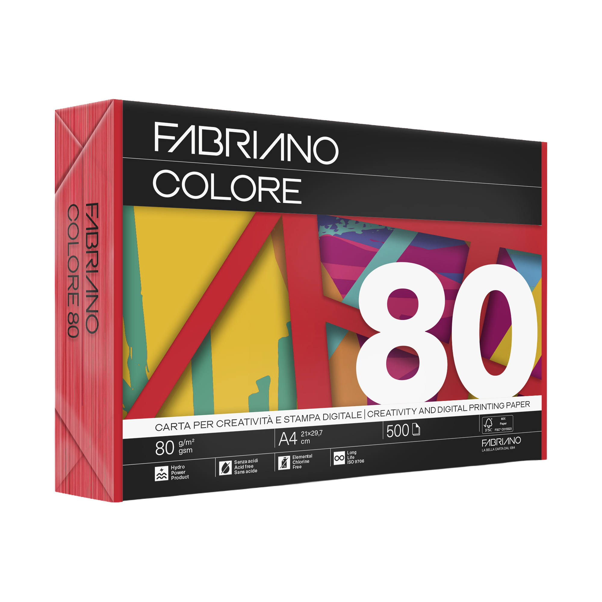 Carta Fabriano Colore - A4 - 80 gr - colori forti rosso - Fabriano - conf. 500 fogli