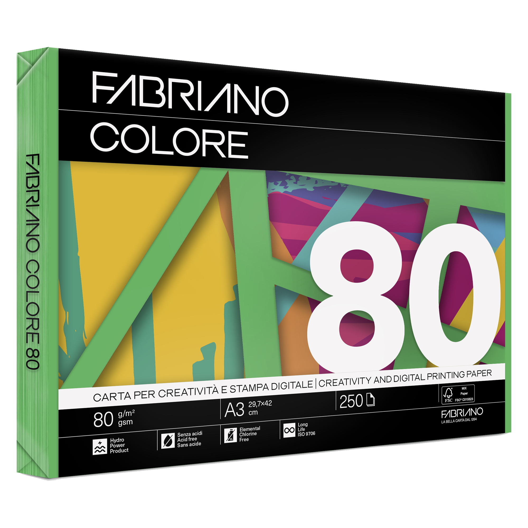 Carta Fabriano Colore - A3 - 80 gr - colori forti verde - Fabriano - conf. 250 fogli