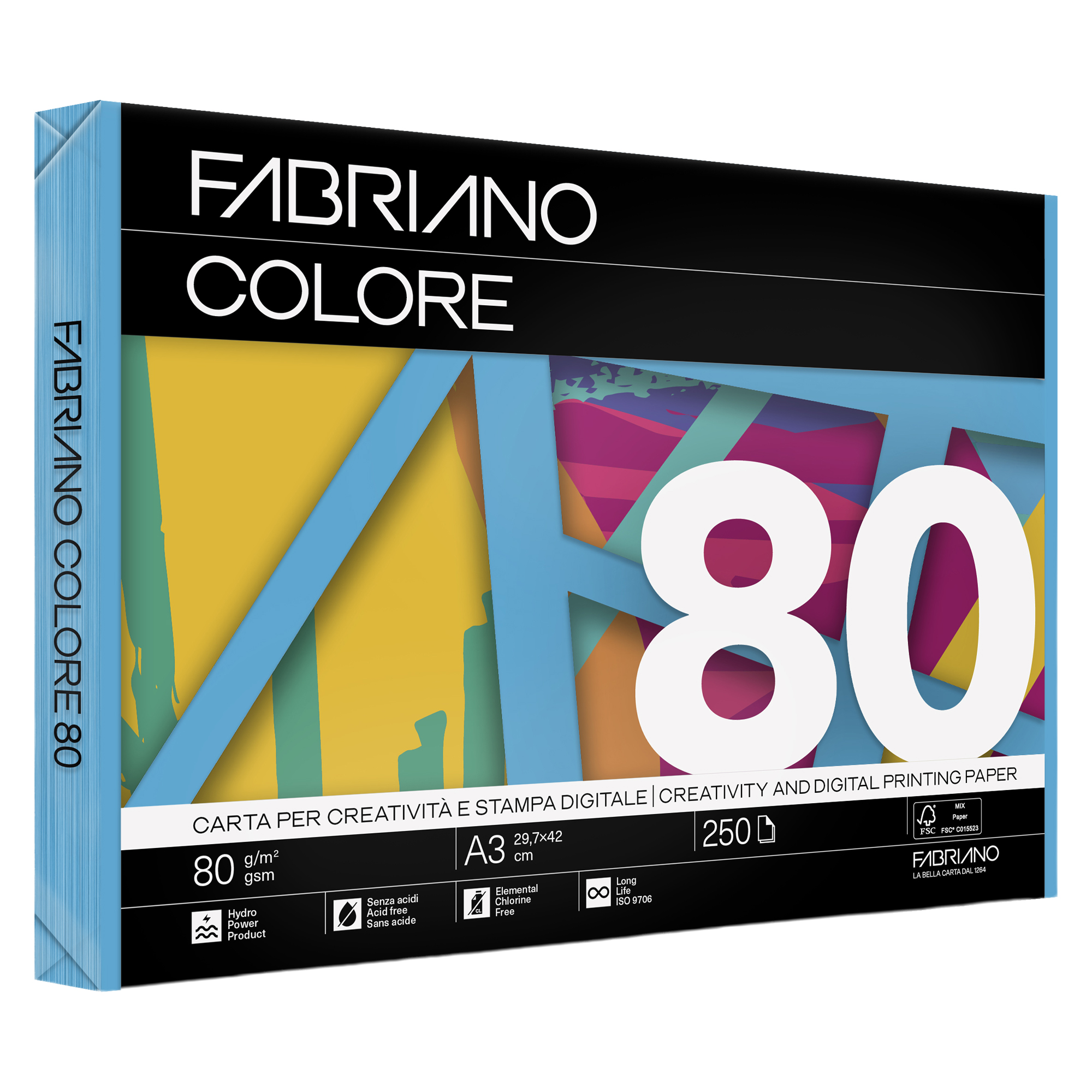 Carta Fabriano Colore - A3 - 80 gr - colori forti azzurro - Fabriano - conf. 250 fogli