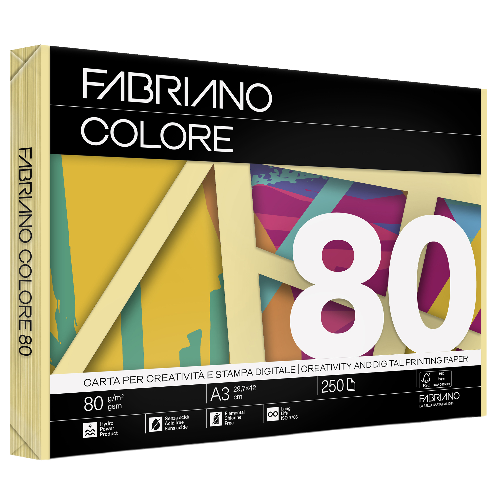 Carta Fabriano Colore - A3 - 80 gr - colori tenui banana - Fabriano - conf. 250 fogli