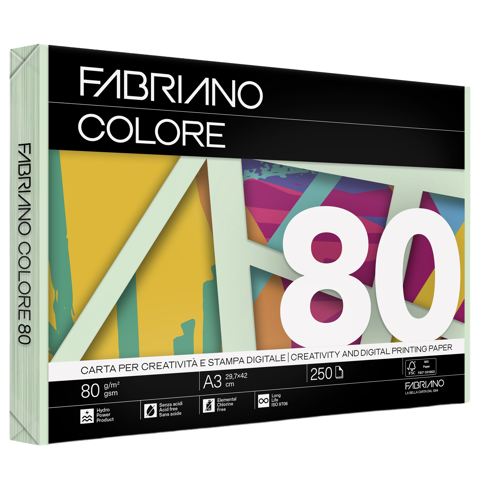 Carta Fabriano Colore - A3 - 80 gr - colori tenui verde chiaro - Fabriano - conf. 250 fogli