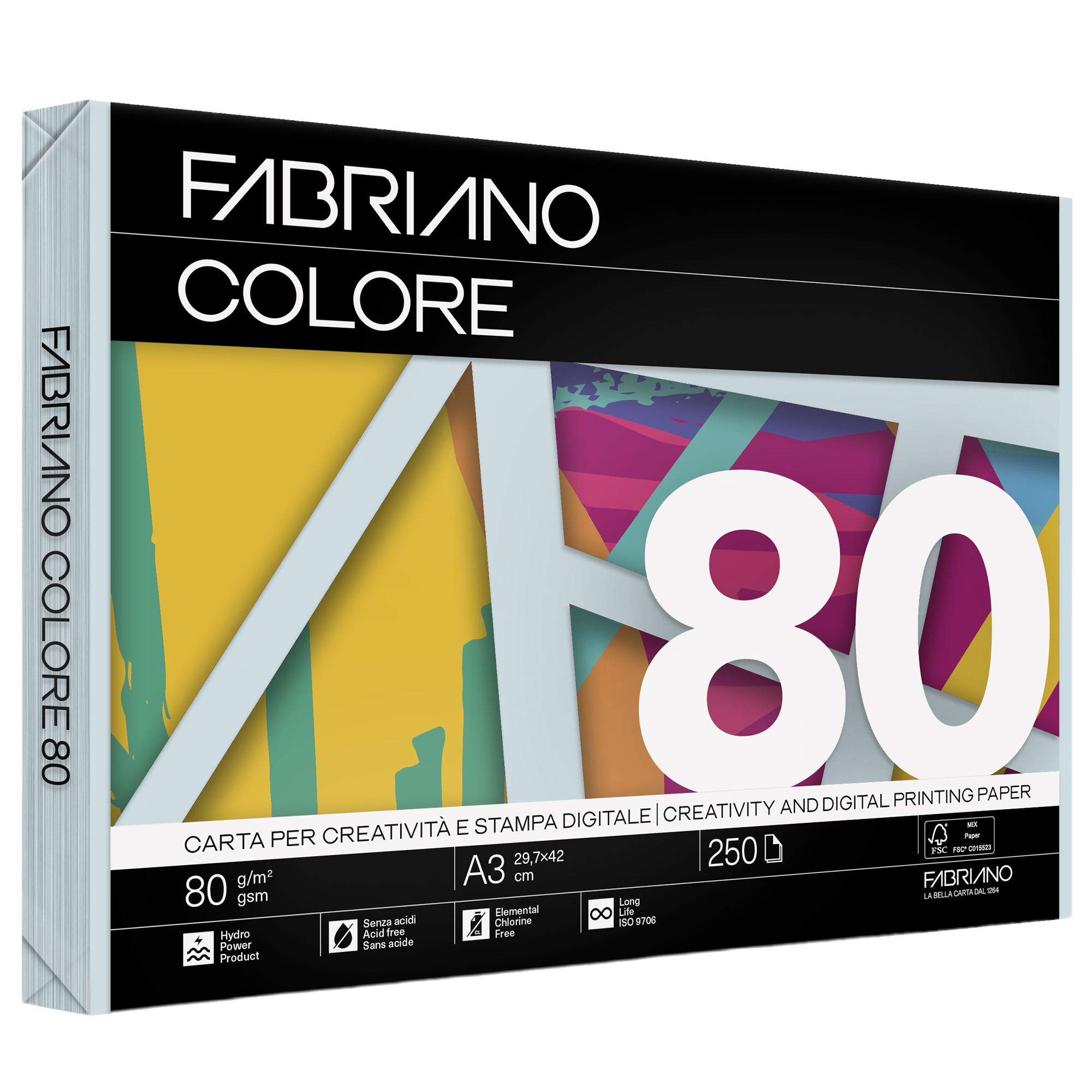 Carta Fabriano Colore - A3 - 80 gr - colori tenui celeste chiaro - Fabriano - conf. 250 fogli