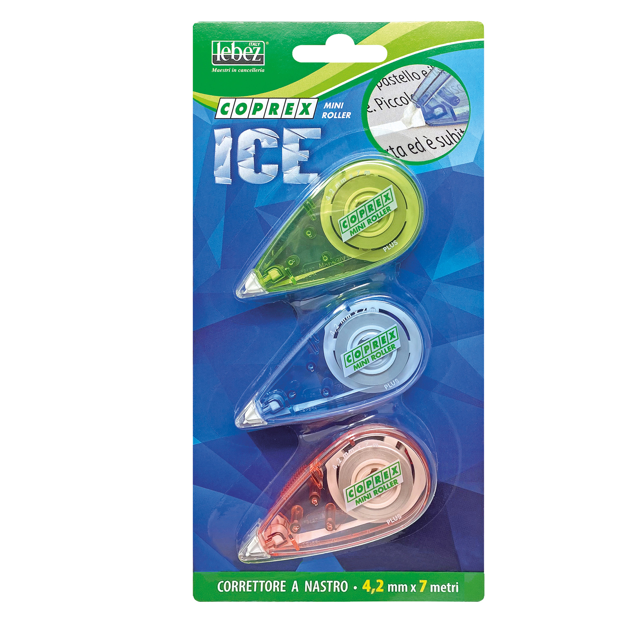 Correttore a nastro Mini roller - 4,2mm x 7mt - versione Ice - Lebez - conf. 3 pezzi