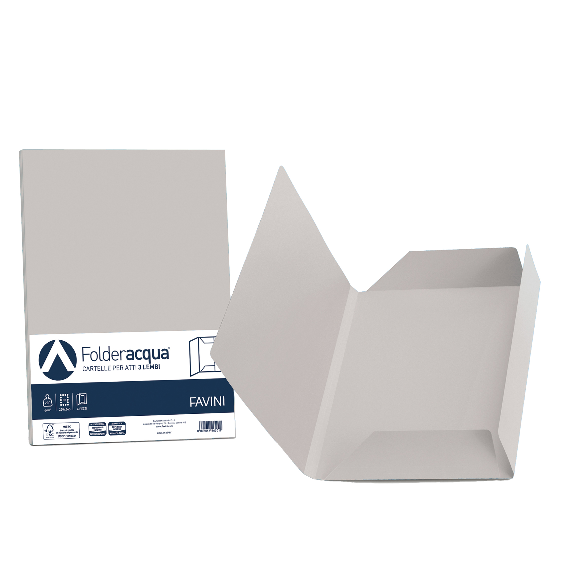 Cartellina 3 lembi Acqua - 200 gr - A4 - cartoncino bristol - ghiaccio - Favini - conf. 25 pezzi