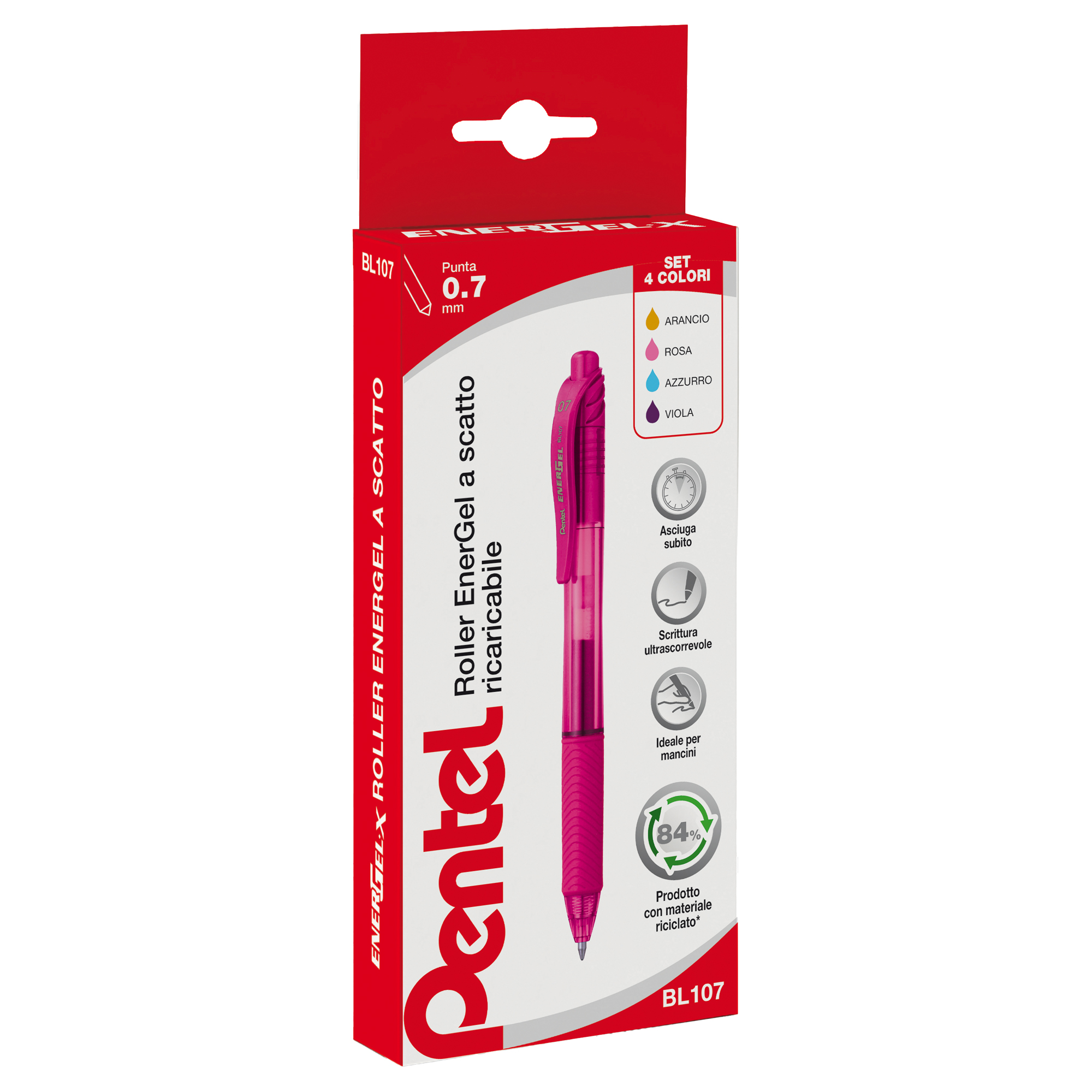 Roller a scatto Energel X BL 107 - punta 0,7mm - astuccio 4 colori assortiti - Pentel
