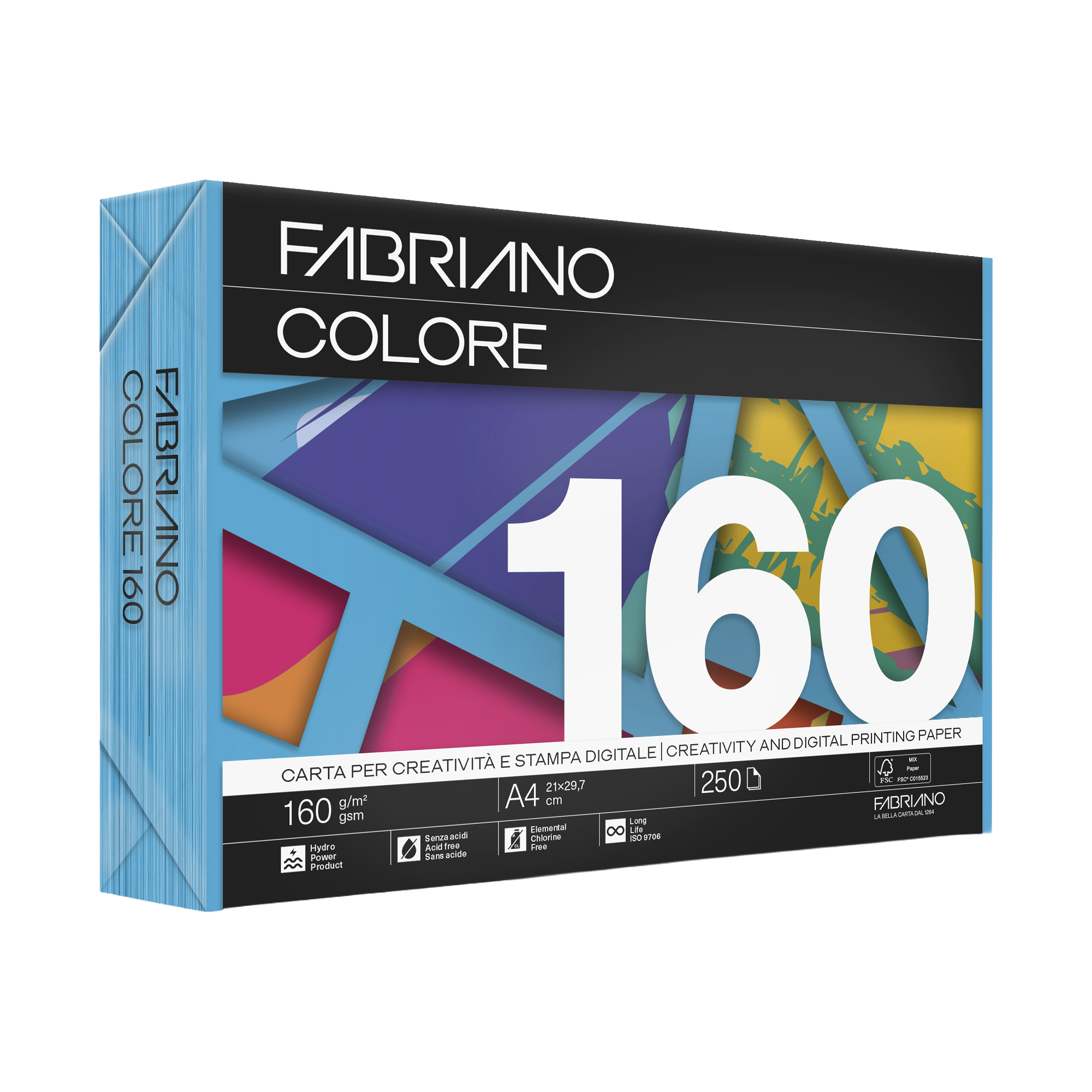 Carta Fabriano Colore - A4 - 160 gr - colori forti azzurro - Fabriano - conf. 250 fogli