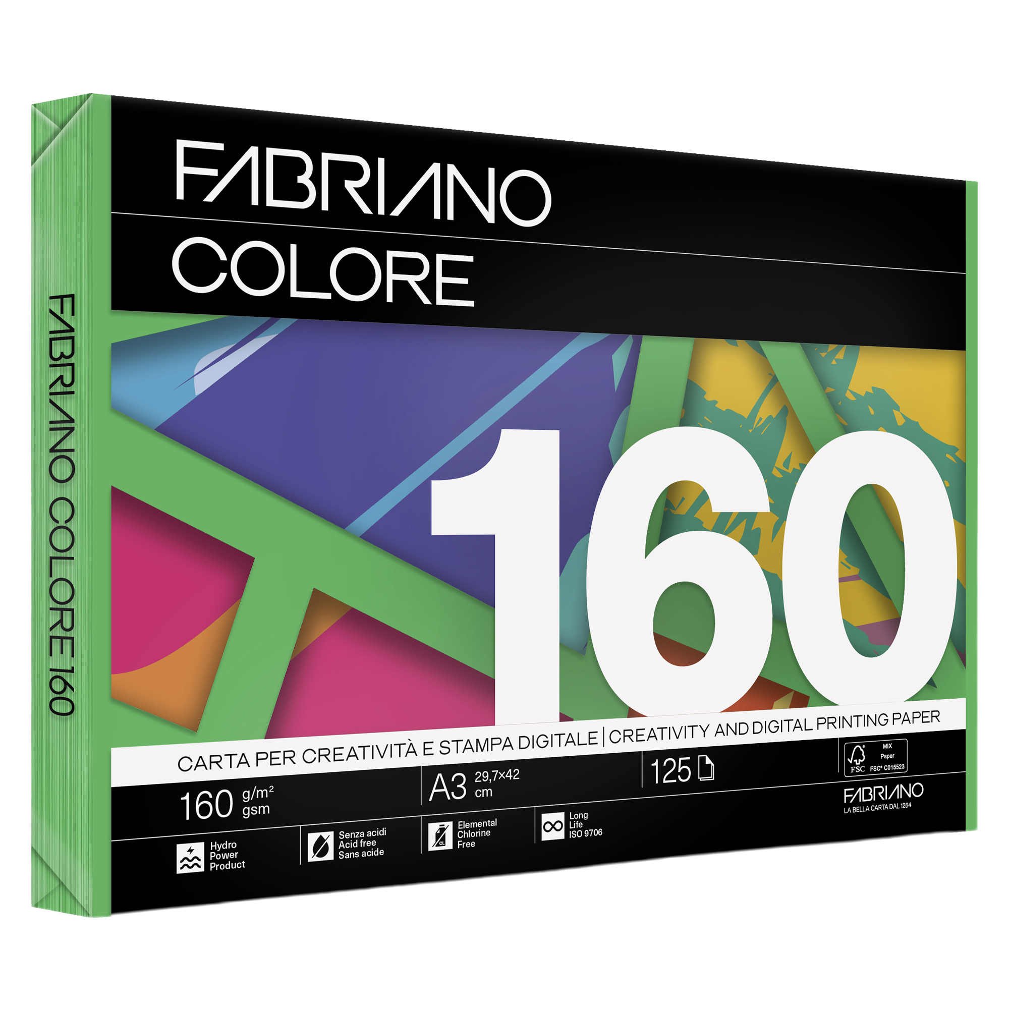 Carta Fabriano Colore - A3 - 160 gr - colori forti verde - Fabriano - conf. 125 fogli