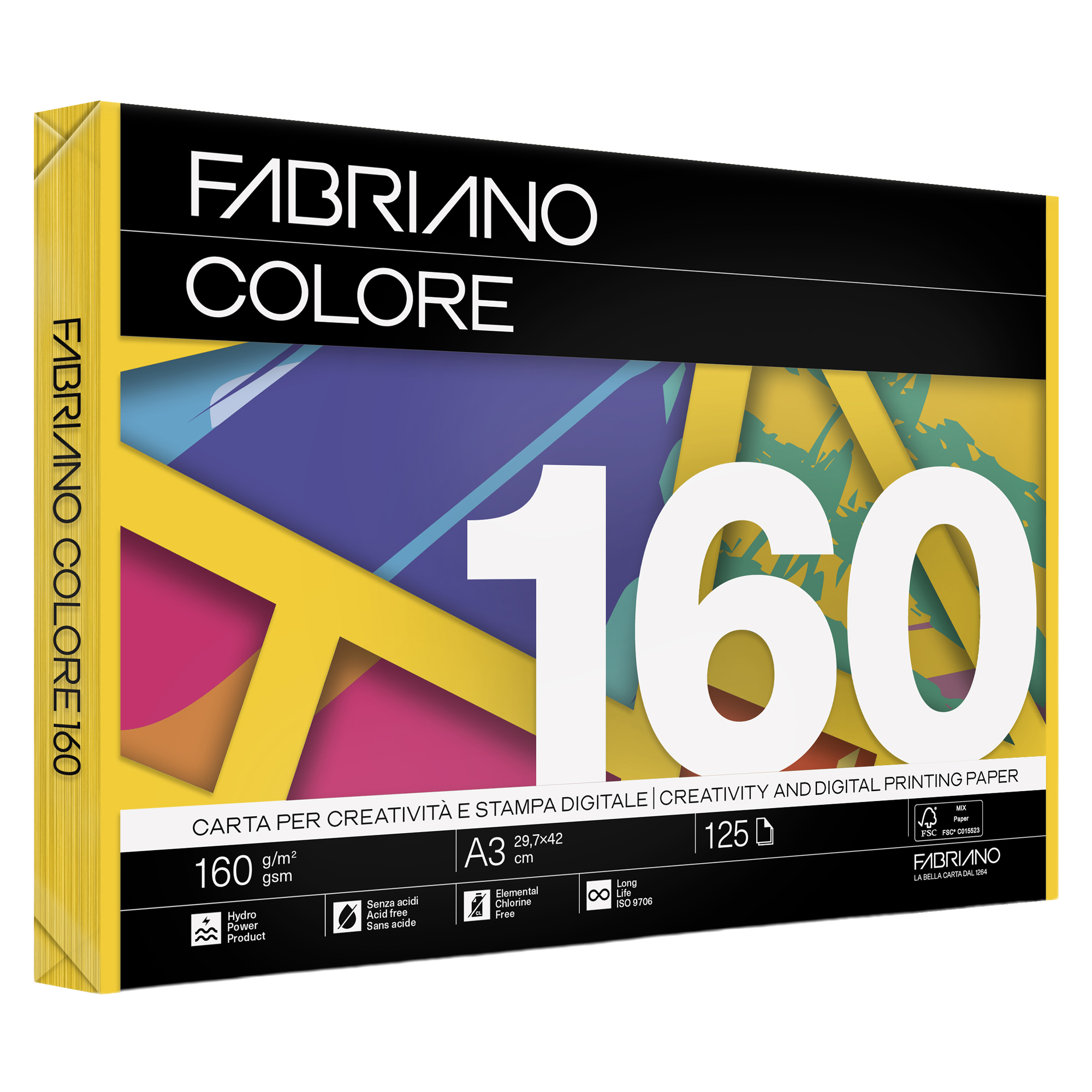 Carta Fabriano Colore - A3 - 160 gr - colori forti giallo - Fabriano - conf. 125 fogli