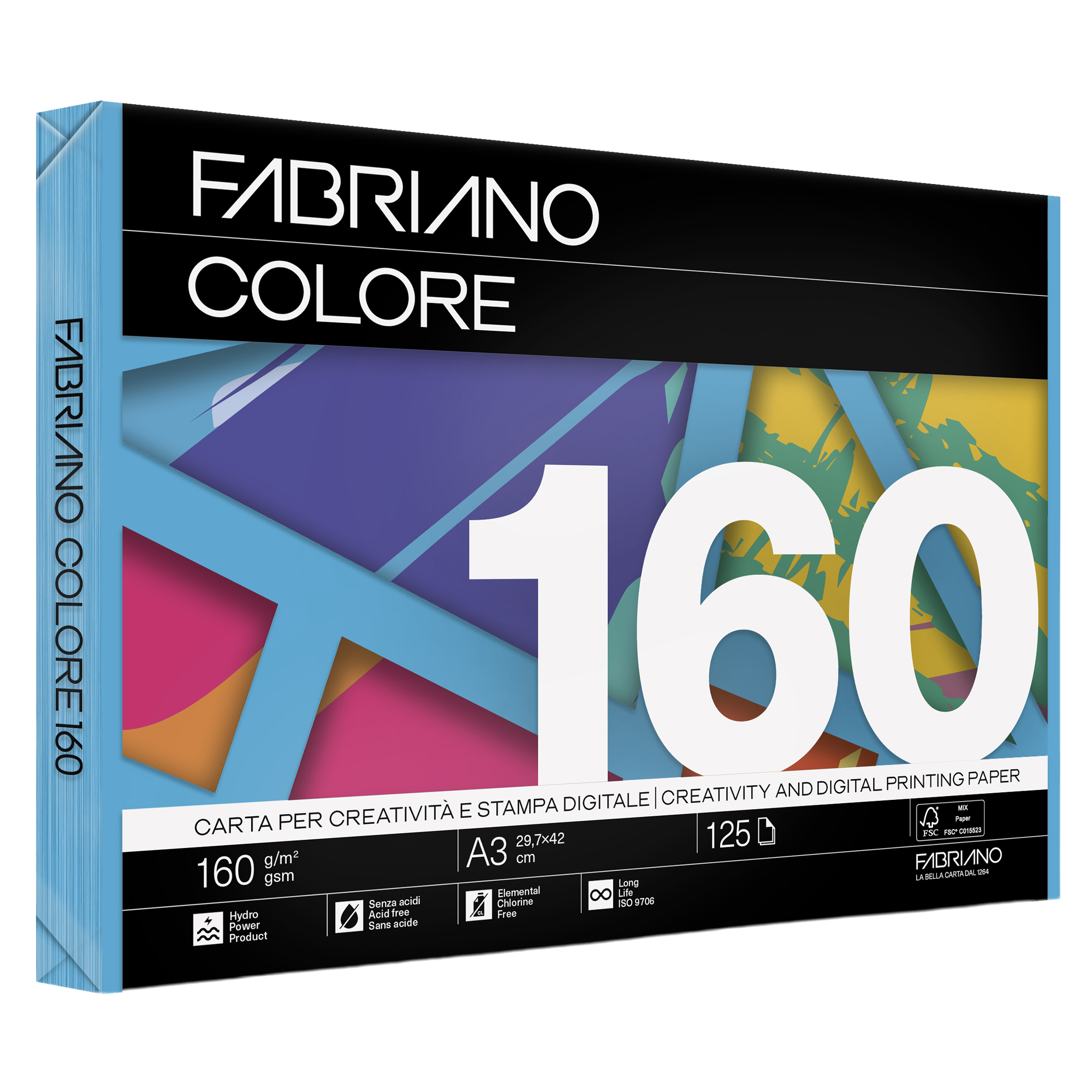 Carta Fabriano Colore - A3 - 160 gr - colori forti azzurro - Fabriano - conf. 125 fogli