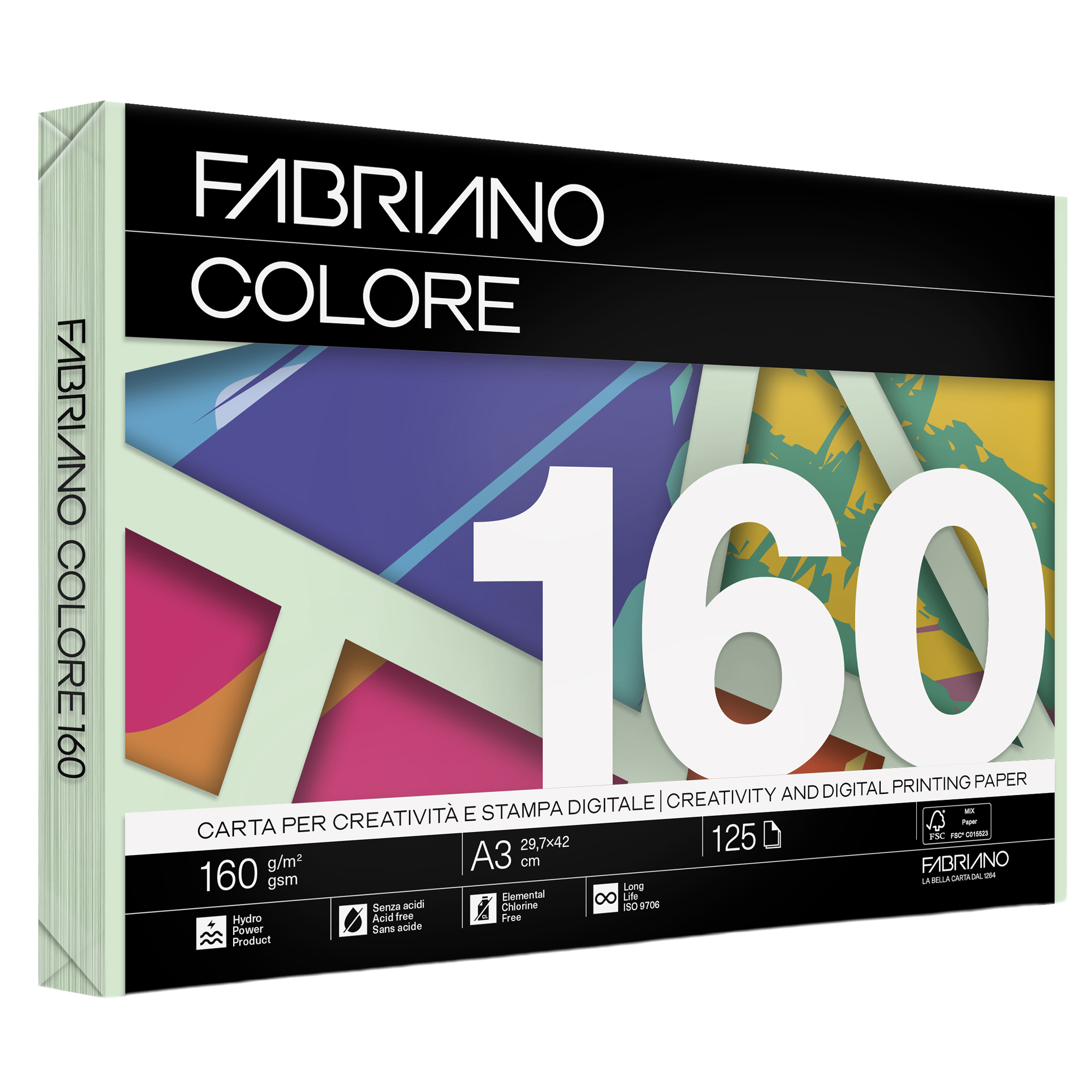 Carta Fabriano Colore - A3 - 160 gr - colori tenui verde chiaro - Fabriano - conf. 125 fogli