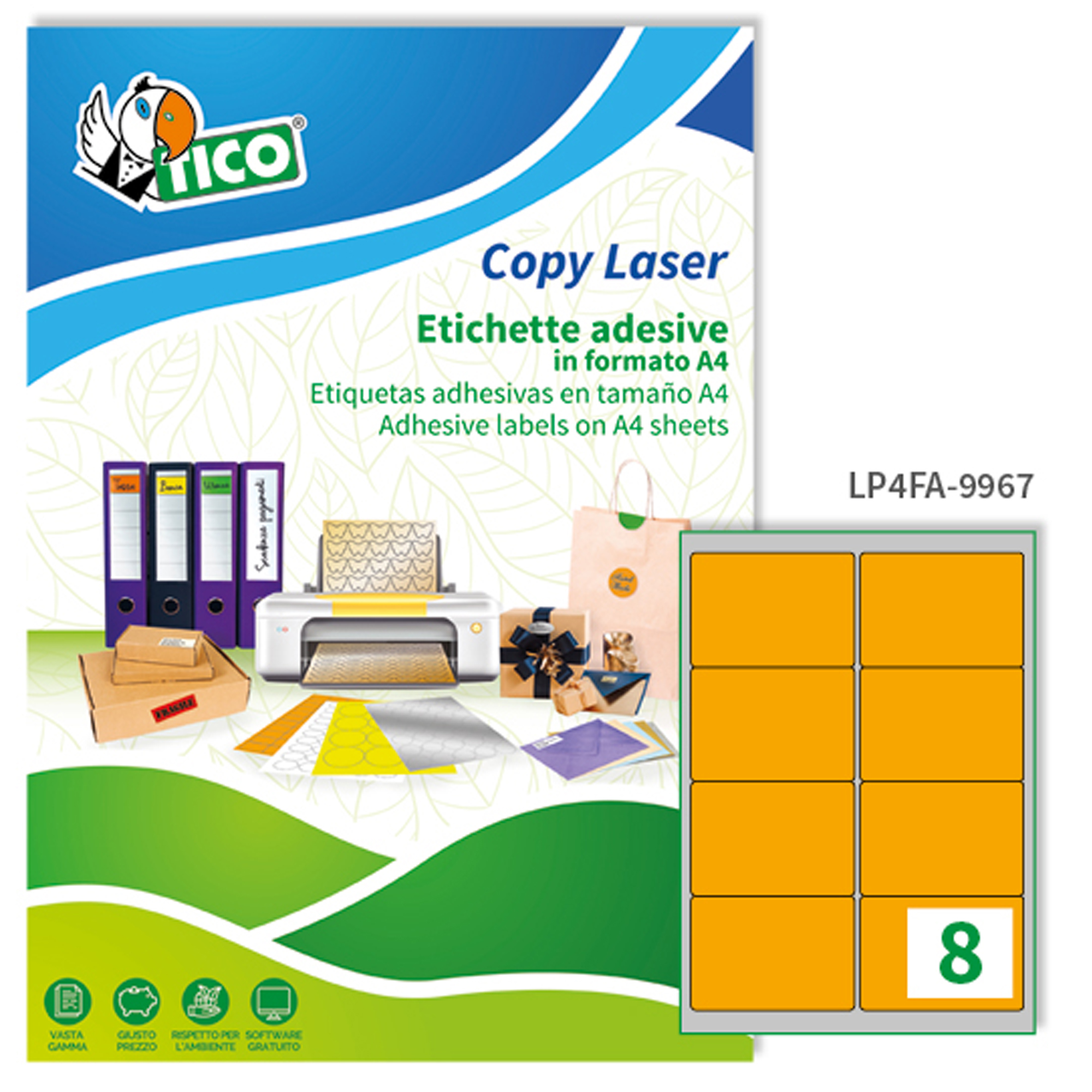 Etichette adesive LP4F - in carta - angoli arrotondati - permanenti - 99,1 x 67,7 mm - 8 et/fg - 70 fogli - arancio fluo - Tico
