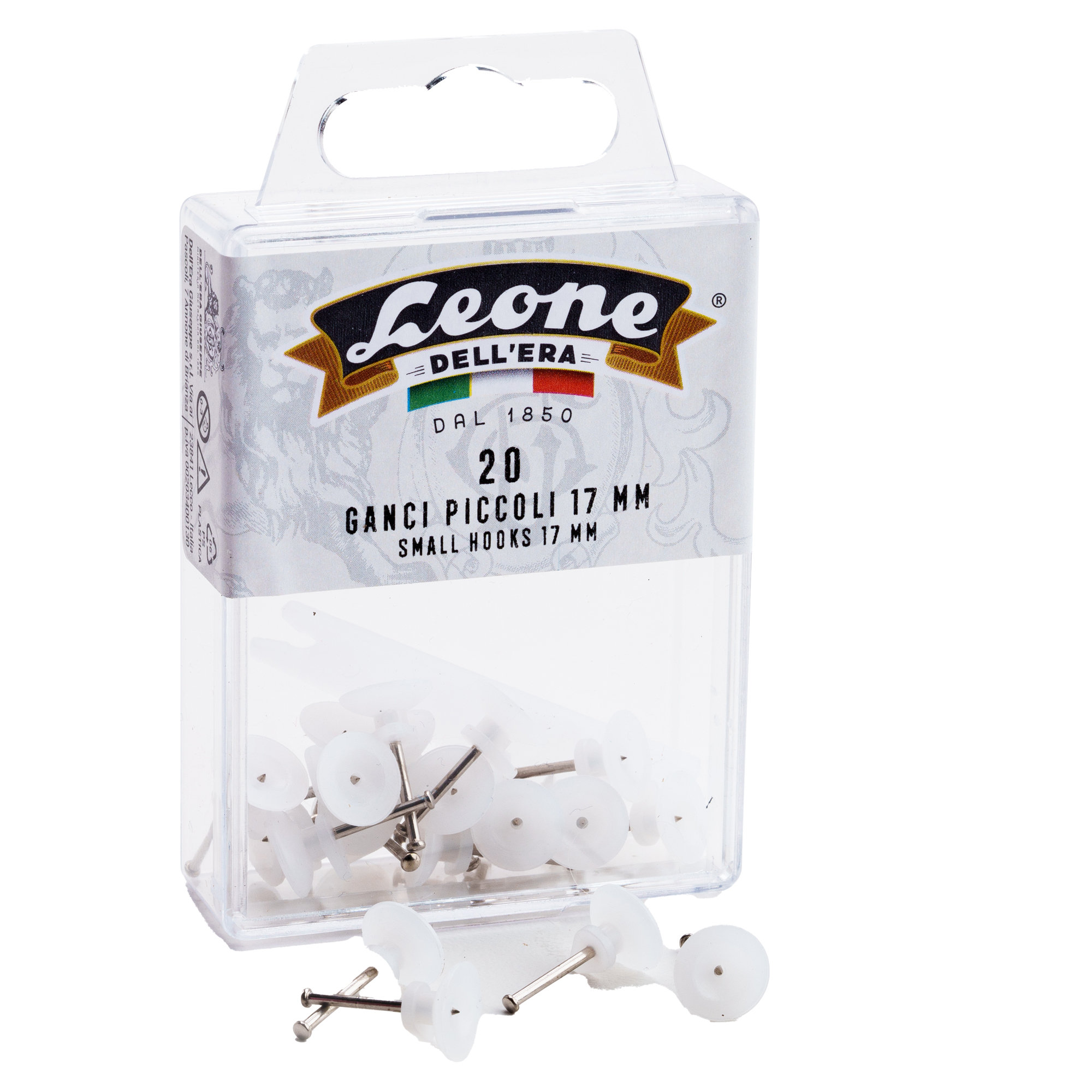 Ganci per quadri – con spilli assortiti - 1,7 cm - trasparente - Leone – conf. 20 pezzi