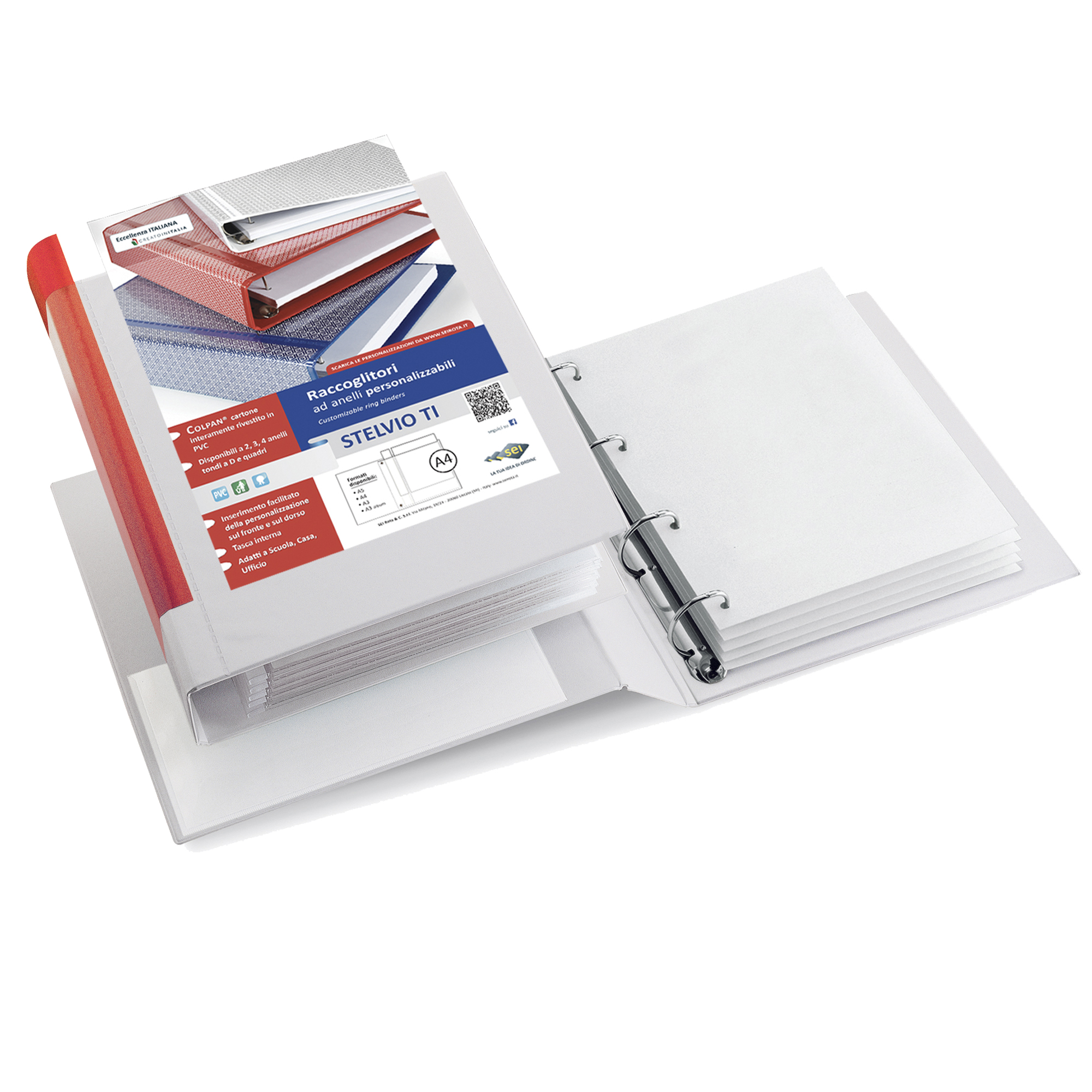 Raccoglitore personalizzabile Stelvio TI - A5 - 4 anelli a D 25 mm - dorso 4 cm - bianco - Sei Rota
